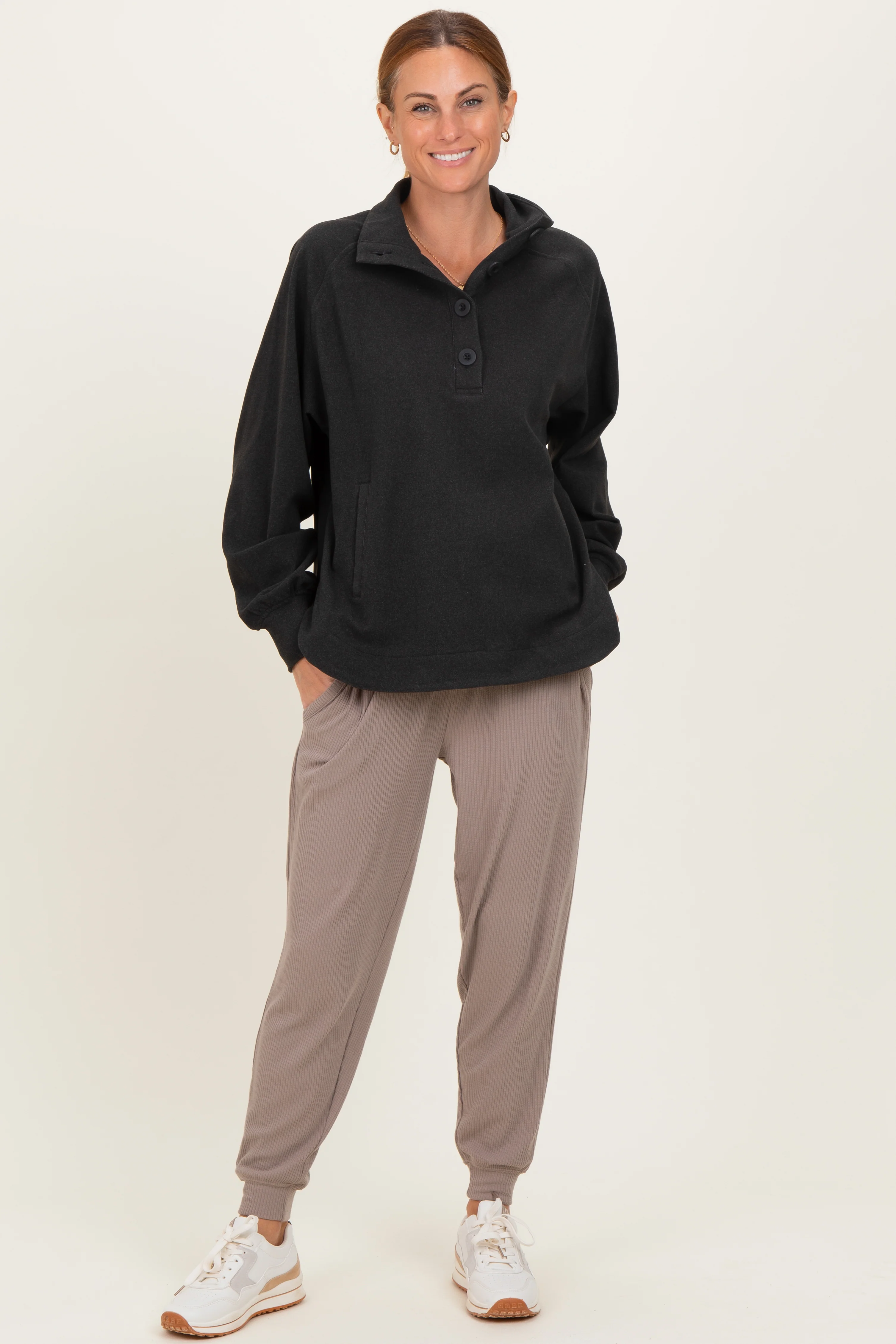 Black Brushed Knit Button Collar Pullover - Image 2