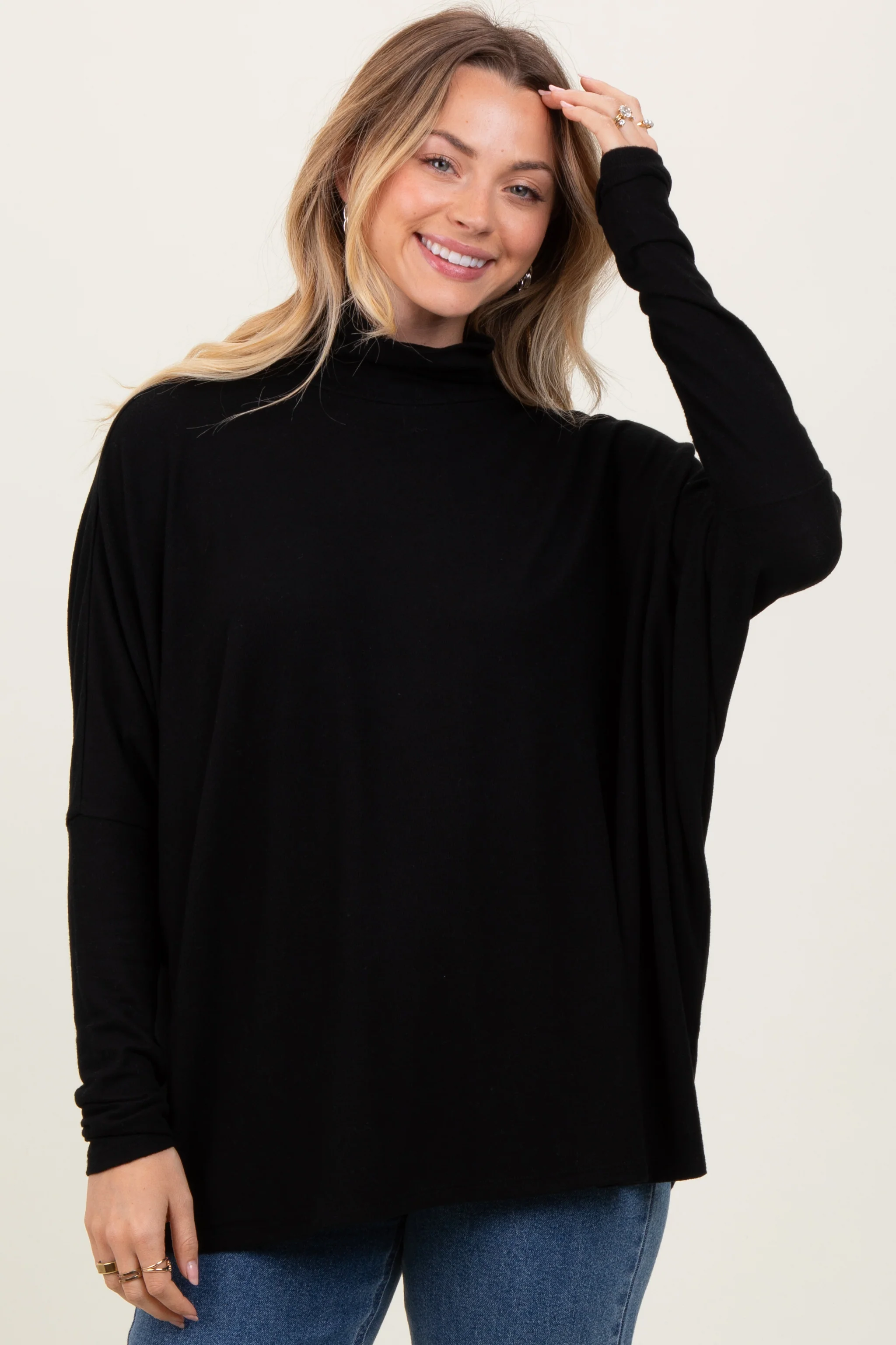 Black Brushed Knit Turtleneck Dolman Sleeve Maternity Top - Image 4