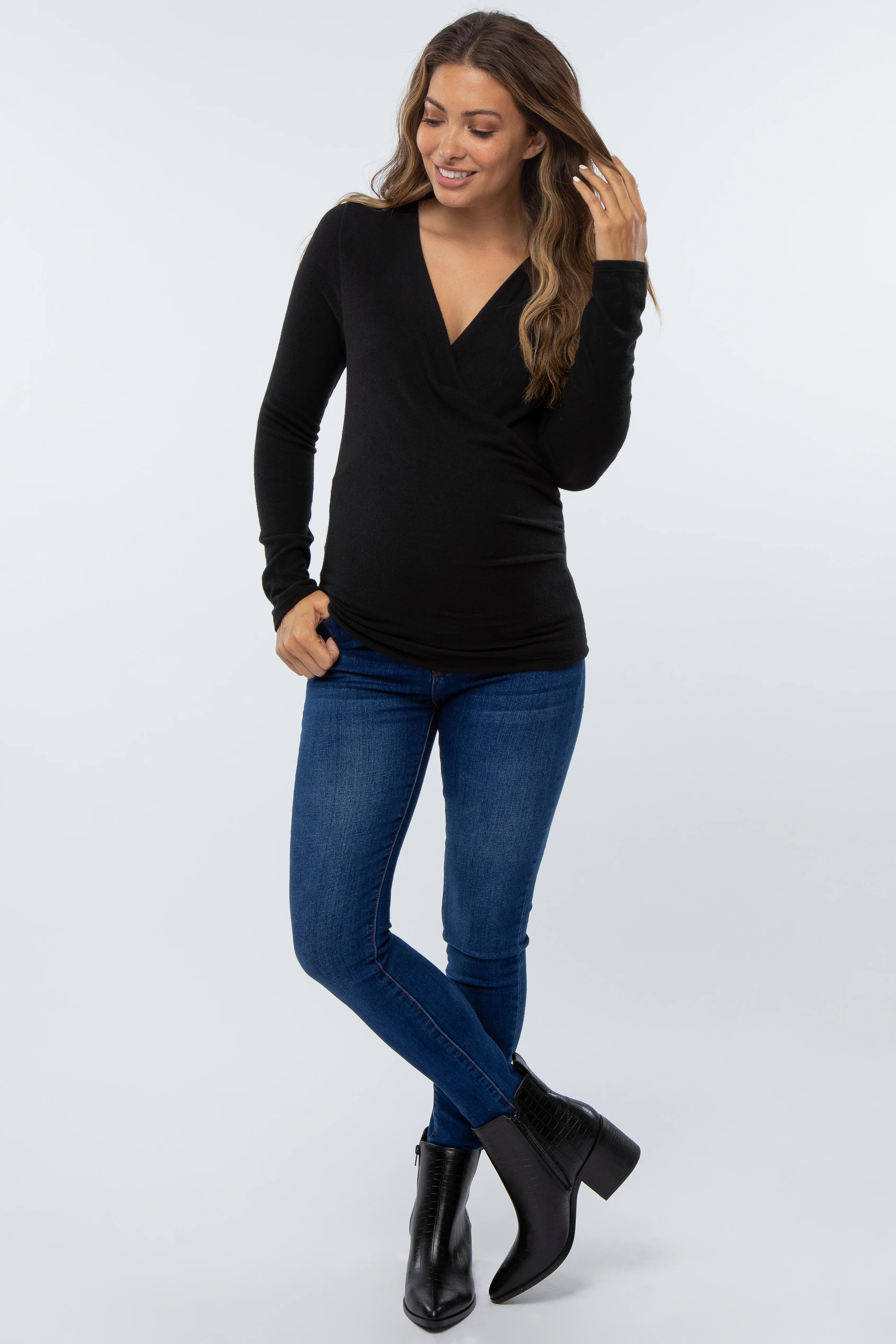 Black Brushed Knit Wrap Front Maternity Top - Image 4
