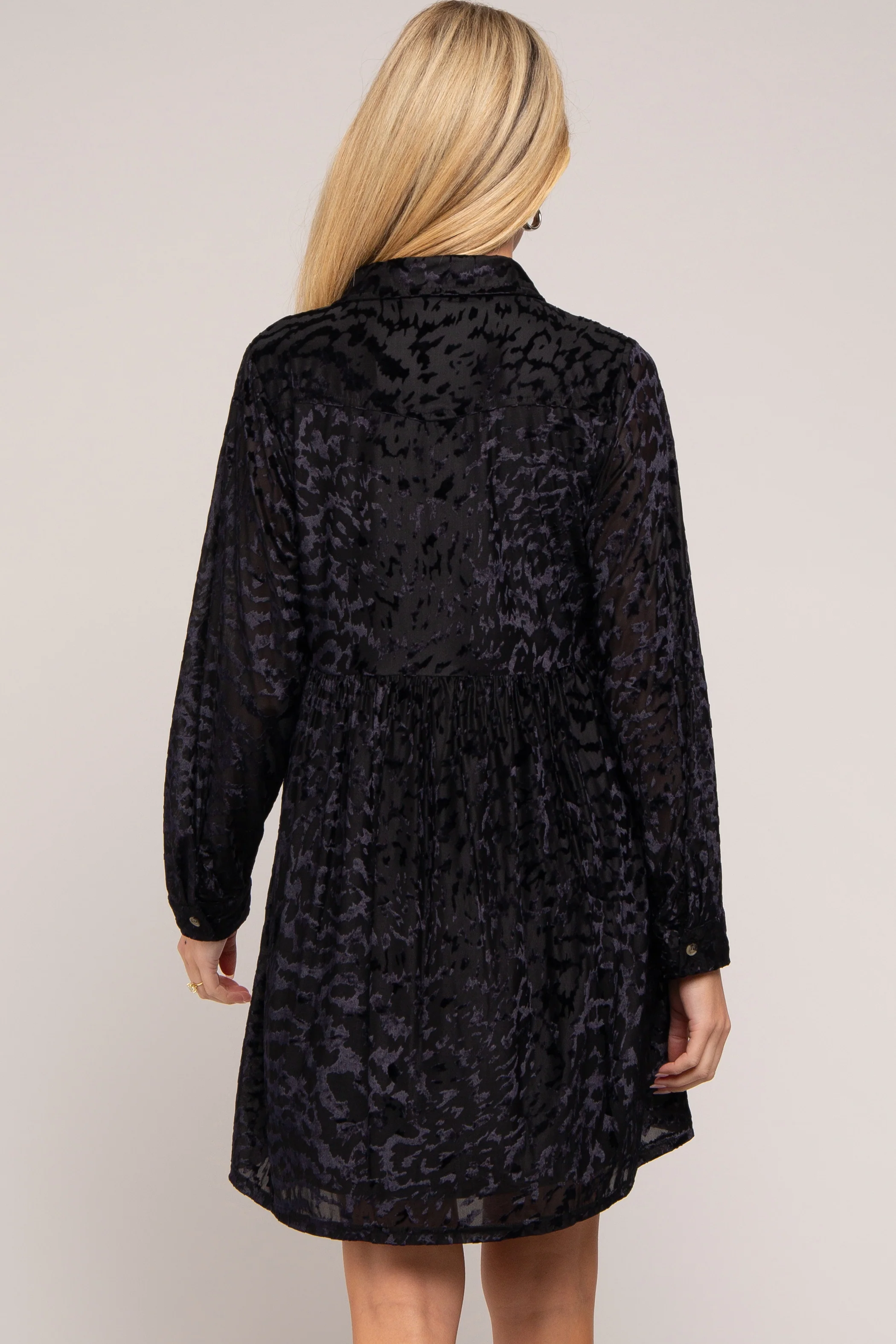 Black Burnout Velvet Maternity Button Up Dress - Image 4