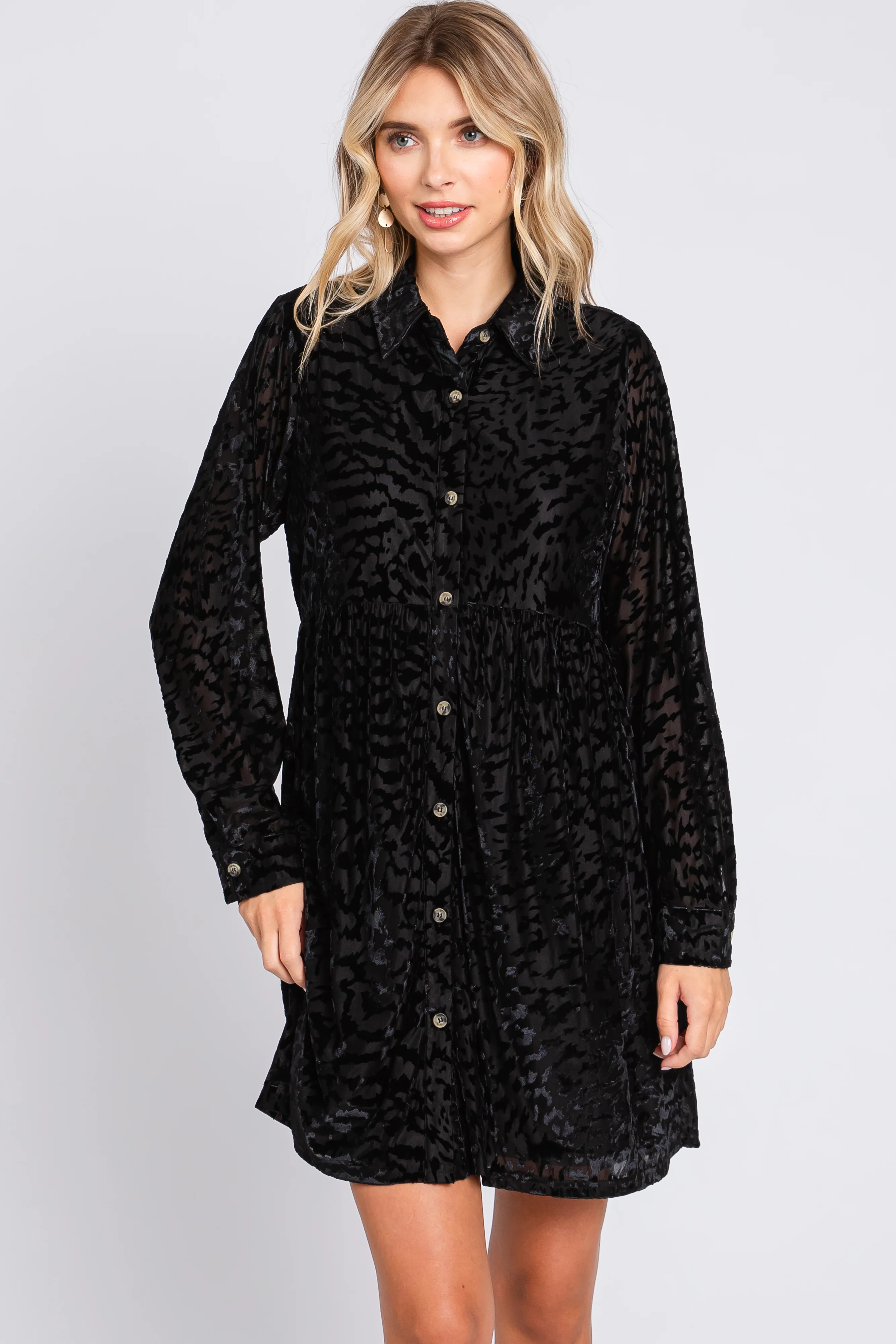 Black Burnout Velvet Maternity Button Up Dress - Image 5