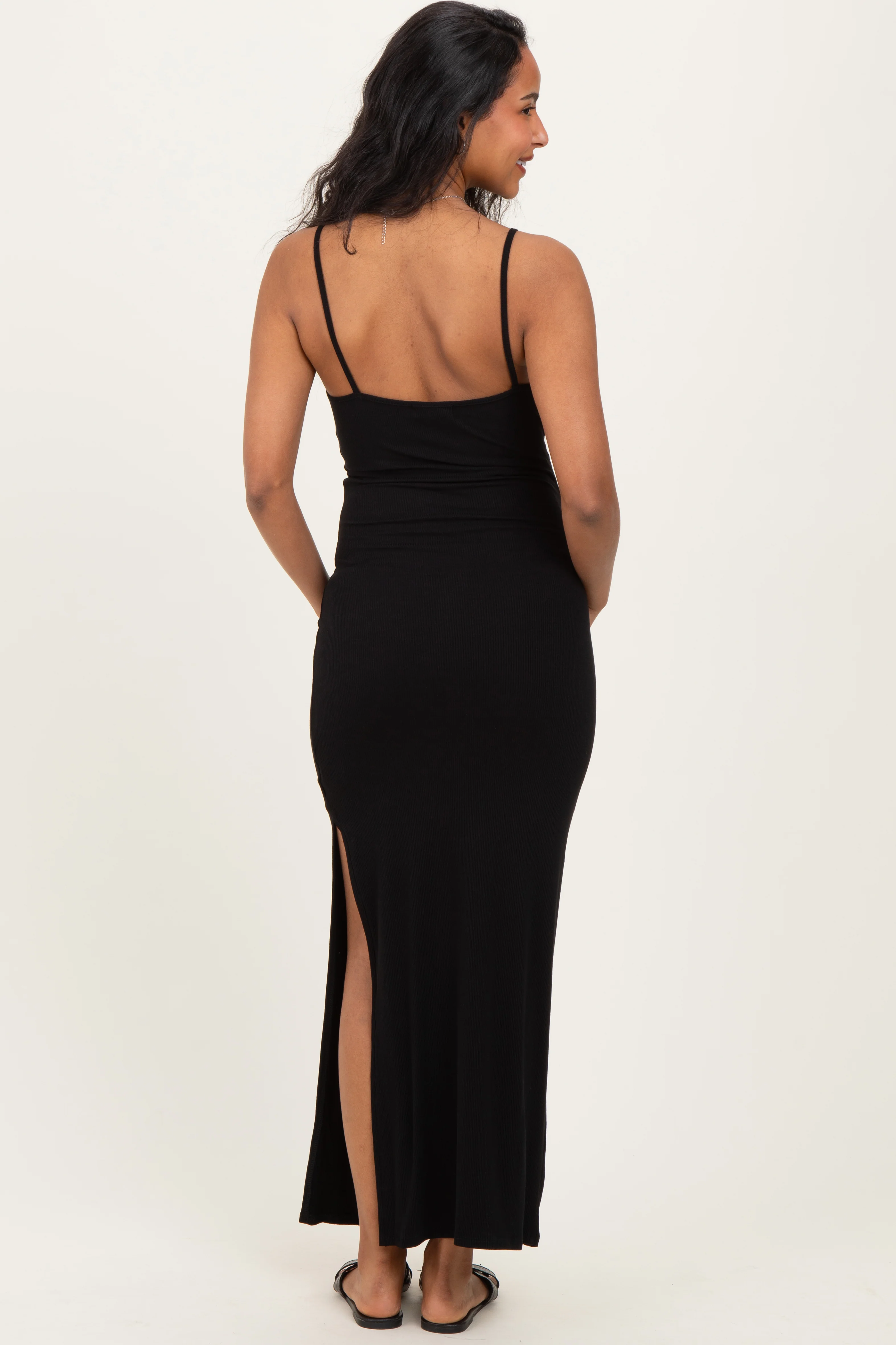Black Button Detail Sleeveless High Slit Maternity Maxi Dress - Image 4
