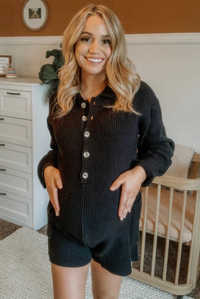 Black Button Down Maternity Sweater Romper - Image 5