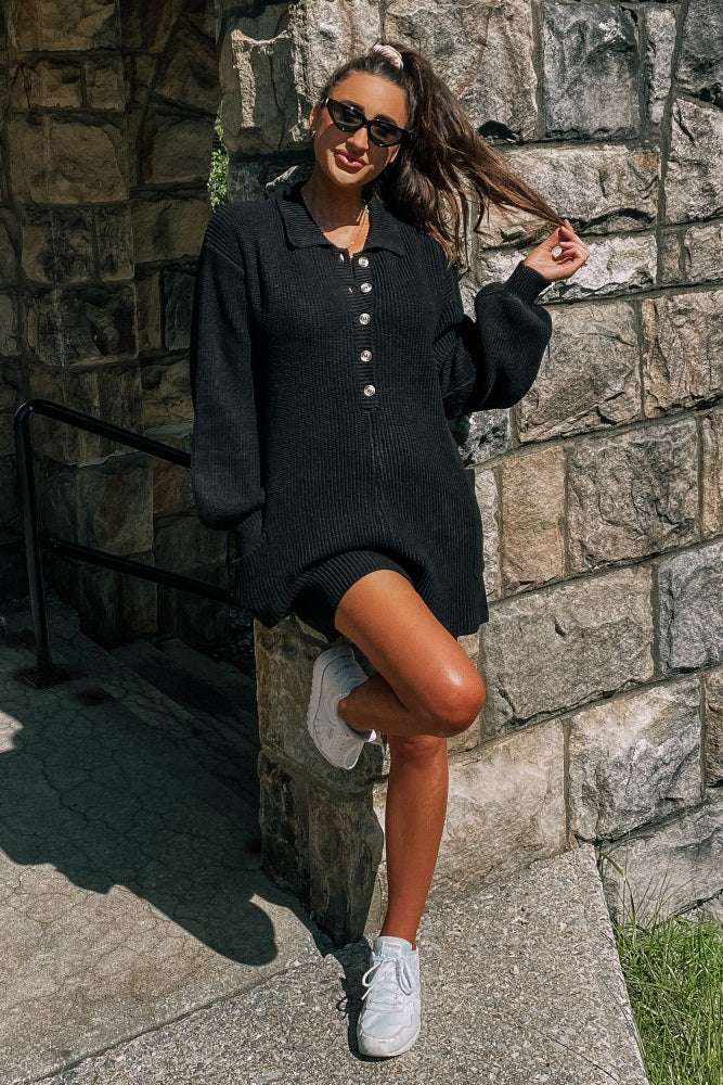 Black Button Down Sweater Romper - Image 7