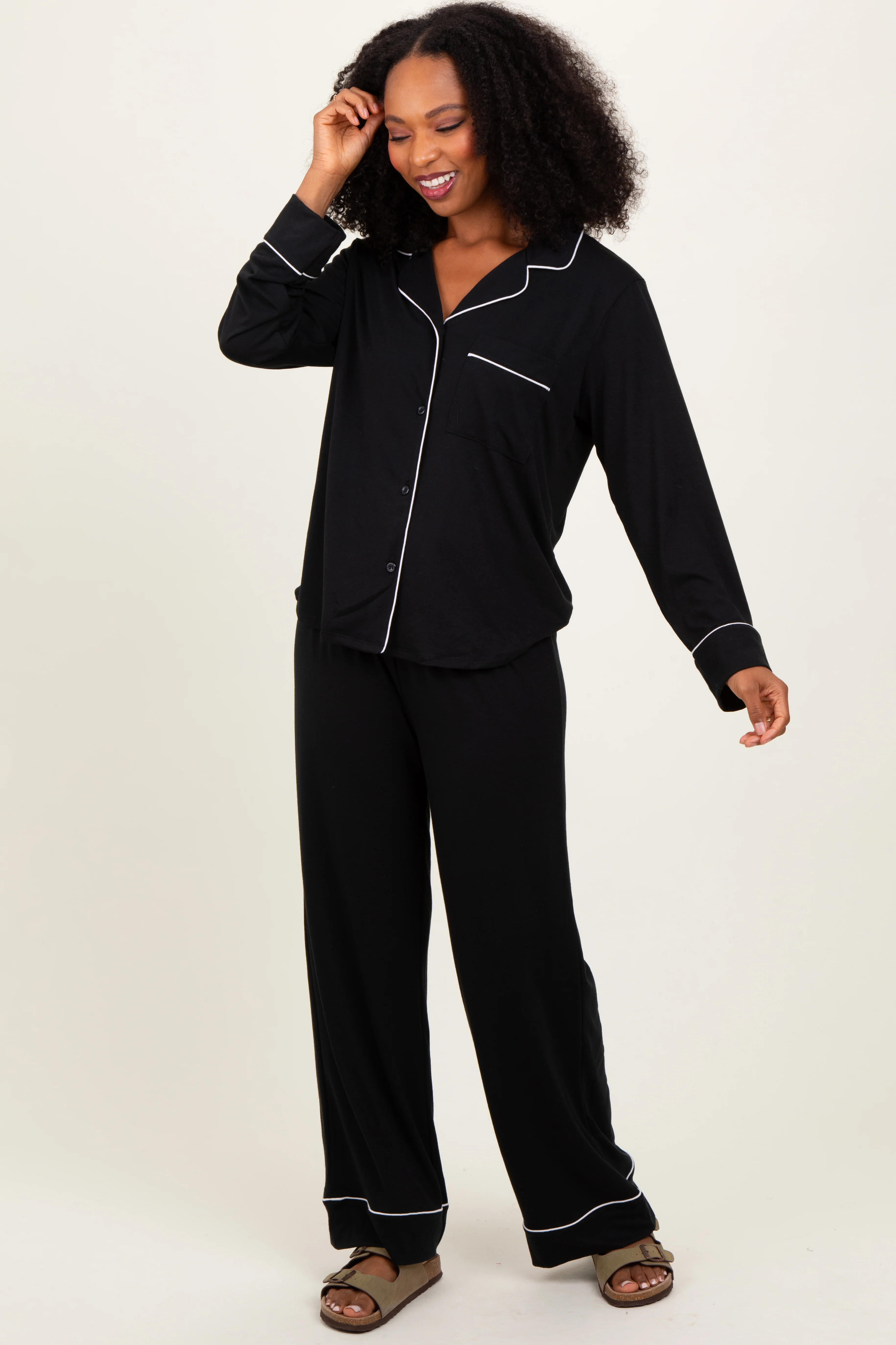 Black Button Down Top Wide Leg Pant Pajama Set - Image 3