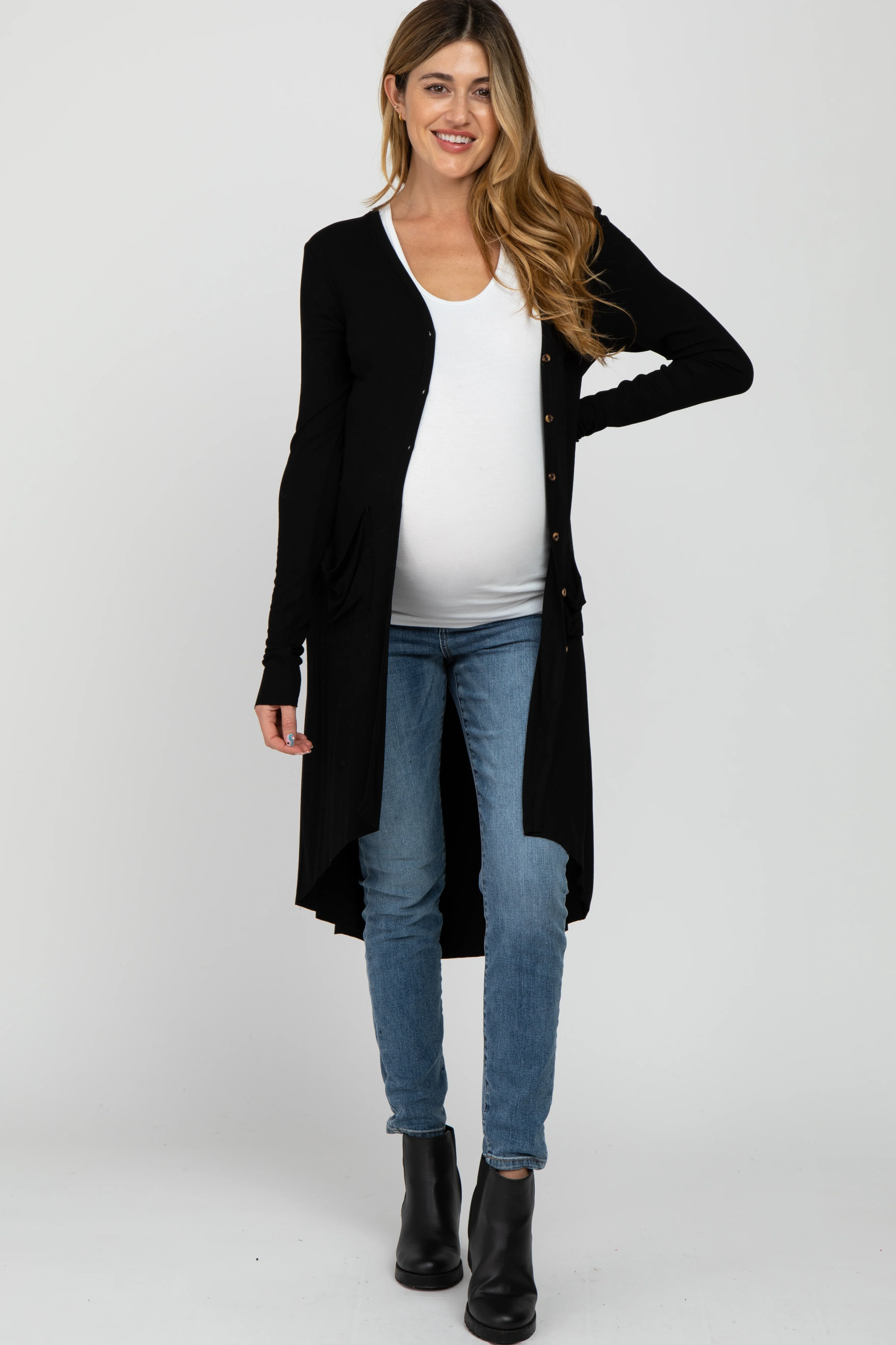 Black Button Front Knit Maternity Cardigan - Image 3
