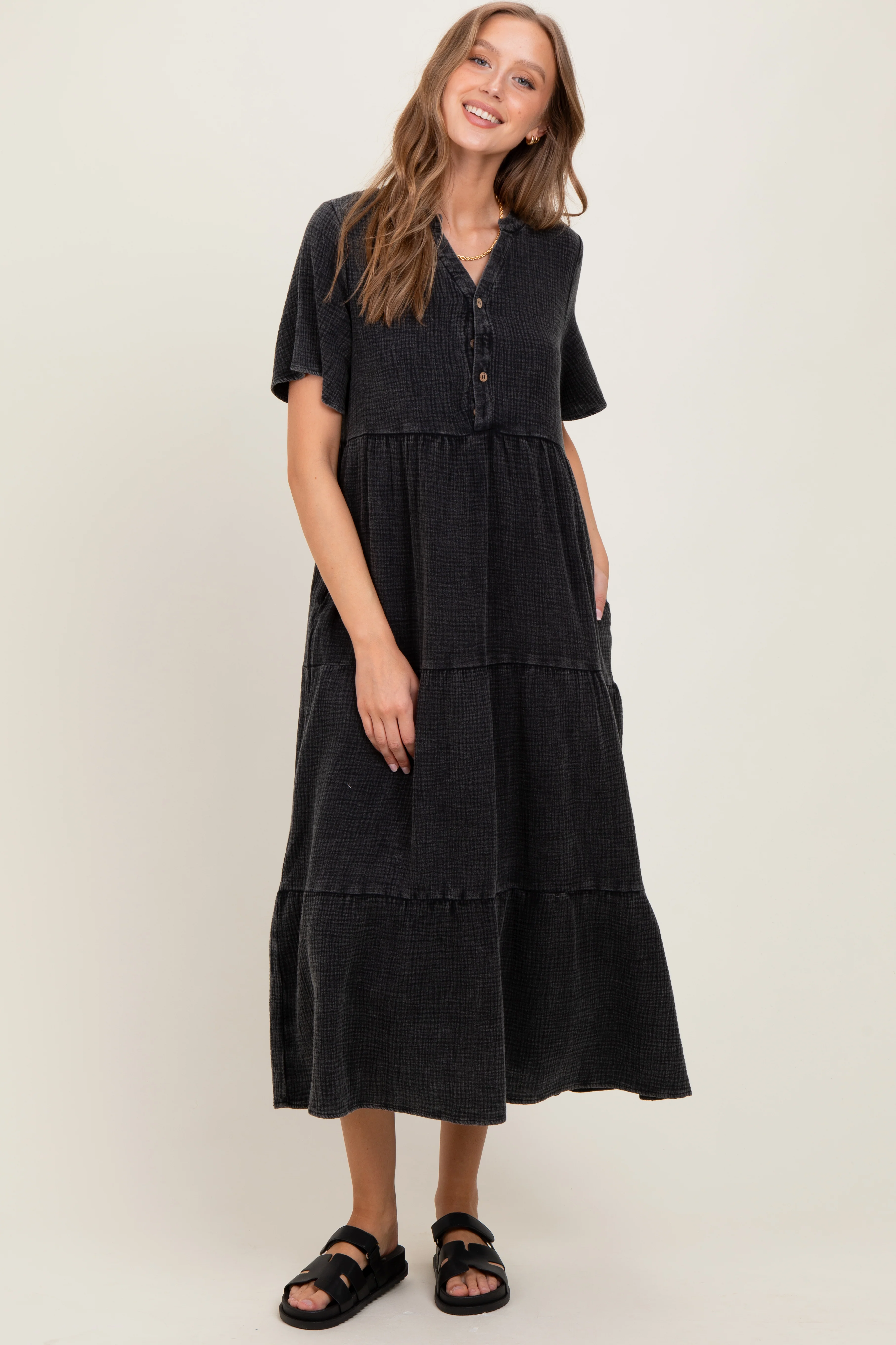 Black Button Front Tiered Maxi Dress - Image 2