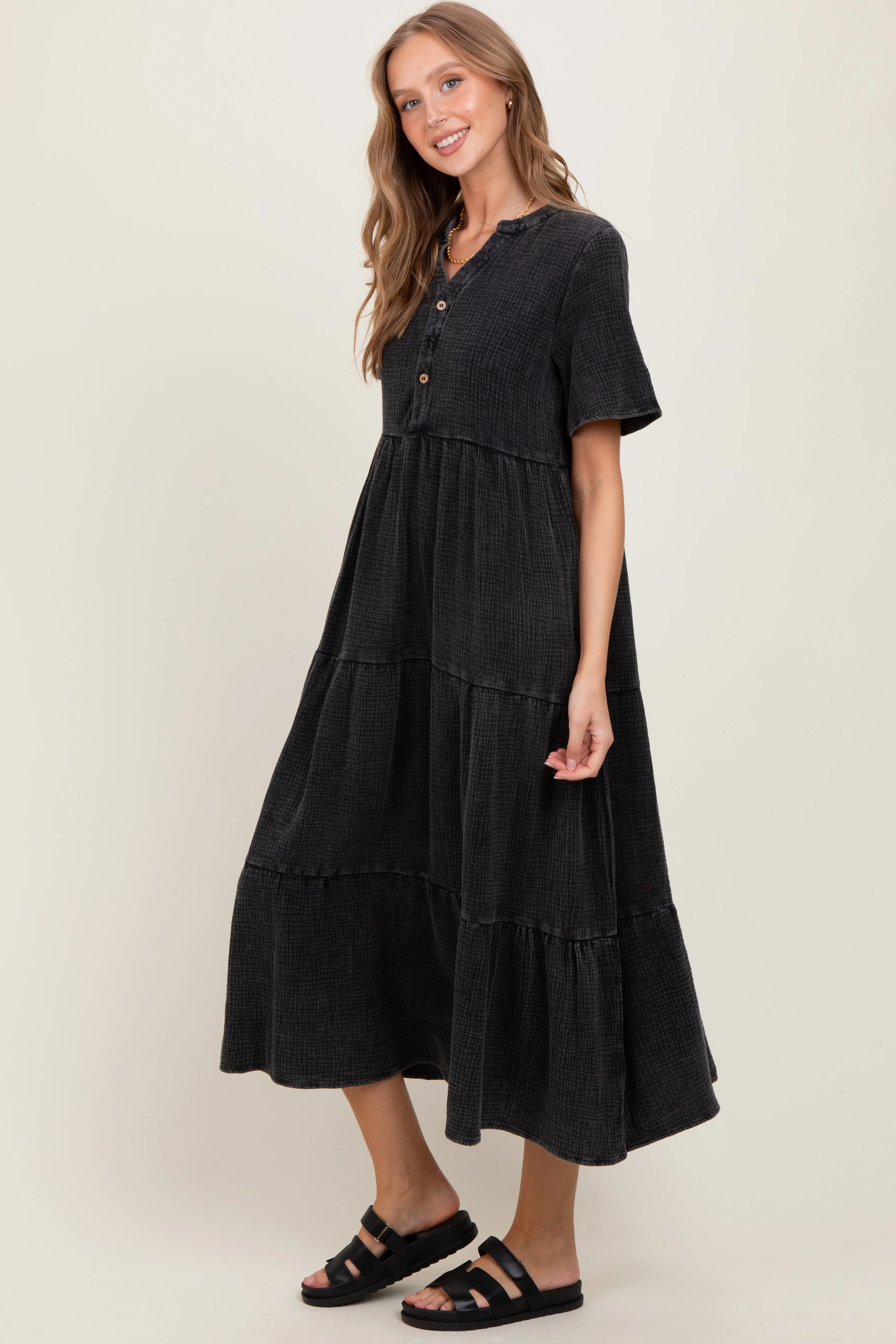 Black Button Front Tiered Maxi Dress - Image 3