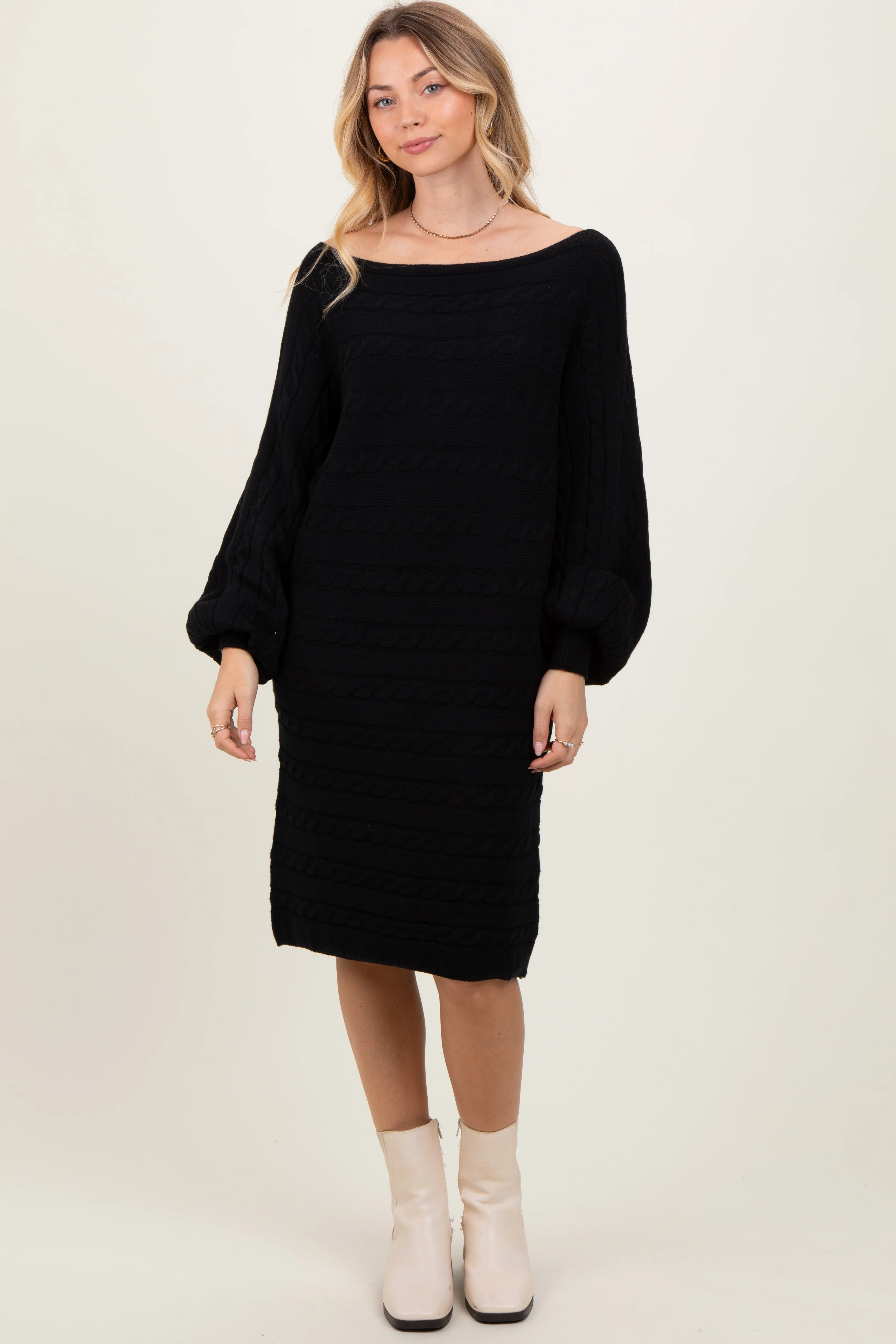 Black Cable Knit Dolman Sleeve Maternity Sweater Mini Dress - Image 4