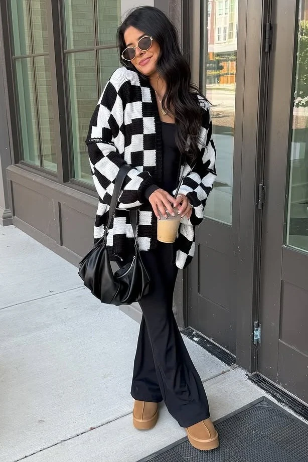 Black Checkered Print Oversized Cardigan - Image 8