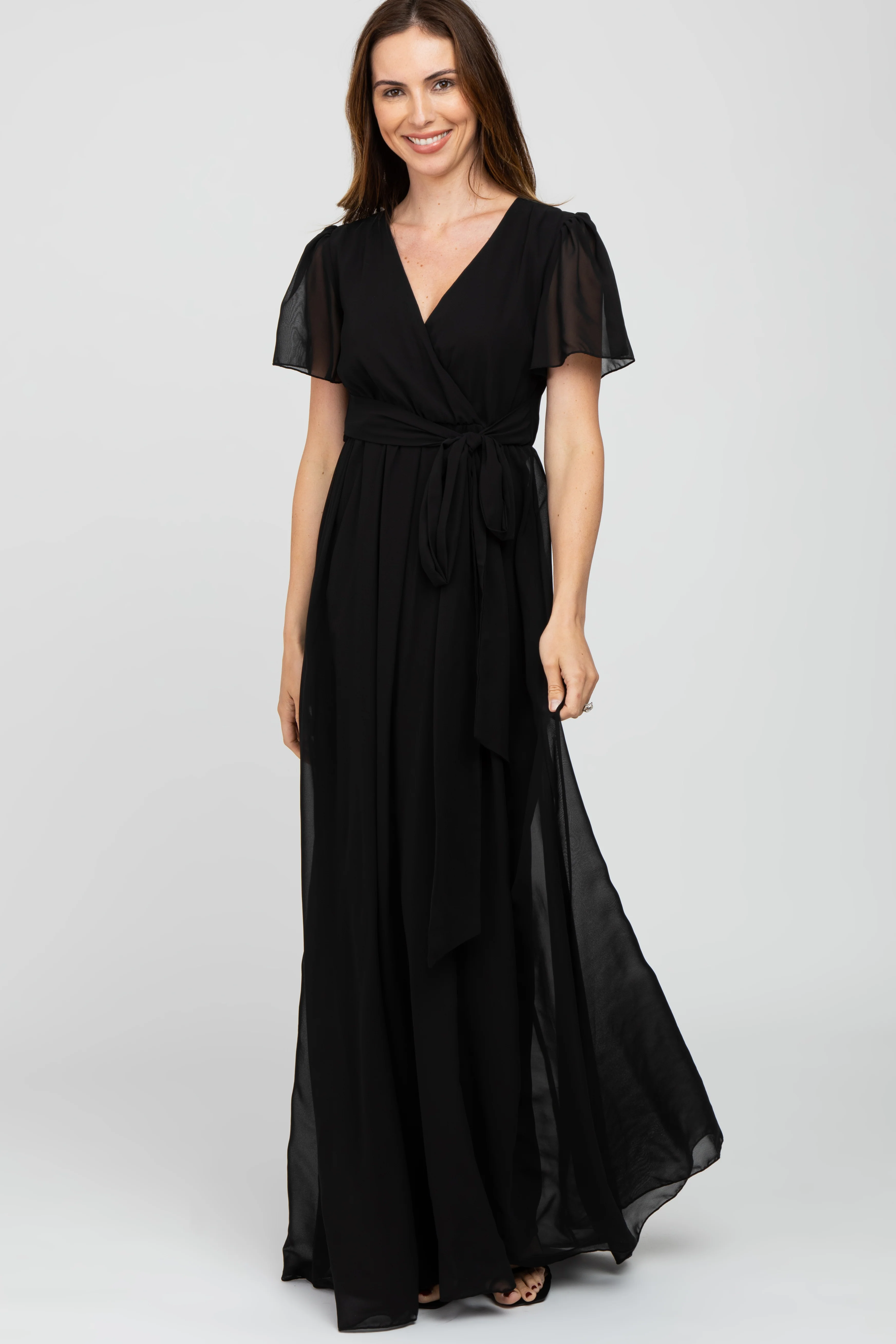 Black Chiffon Short Sleeve Maternity Maxi Dress - Image 4