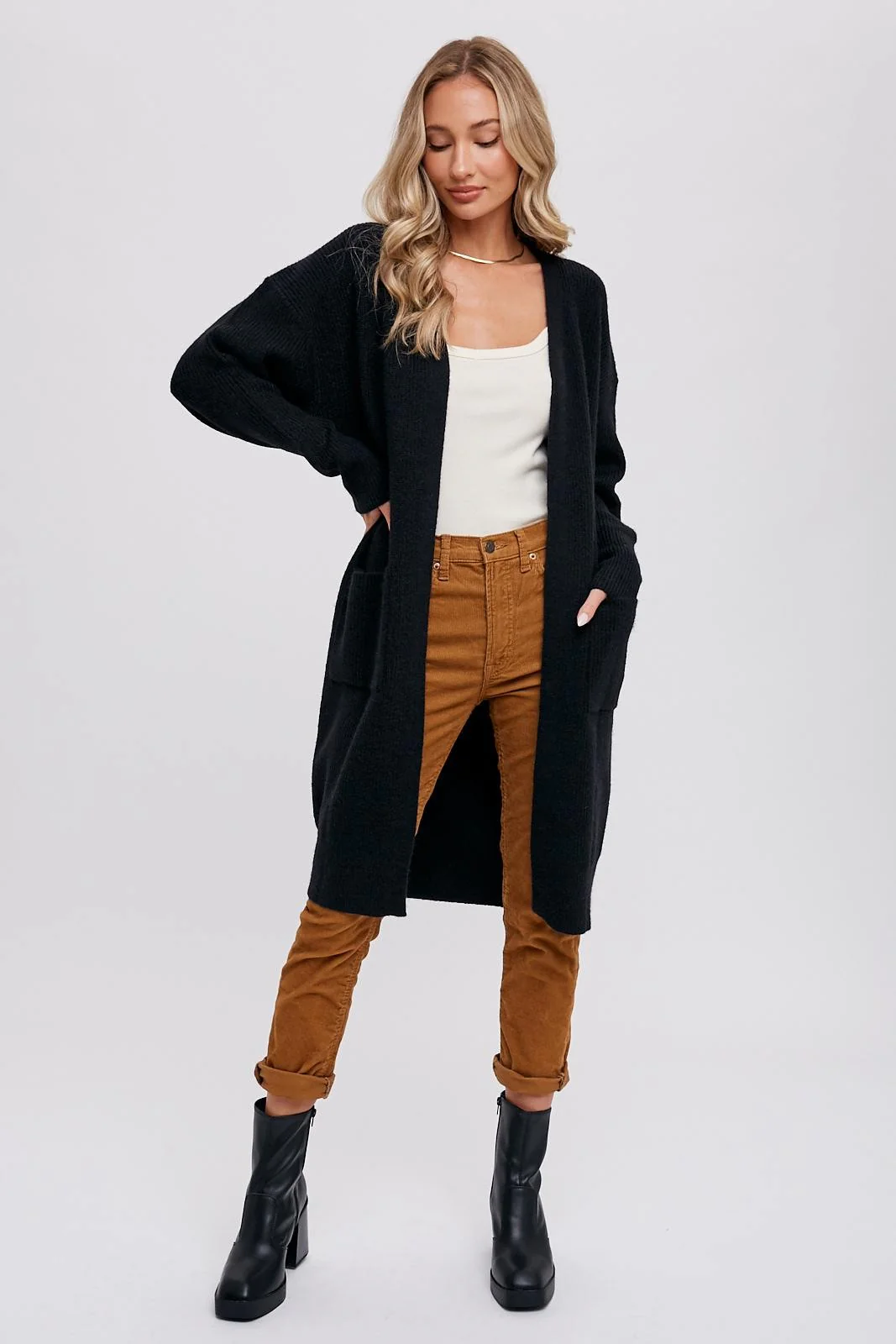 Black Chunky Knit Long Sweater Cardigan - Image 3
