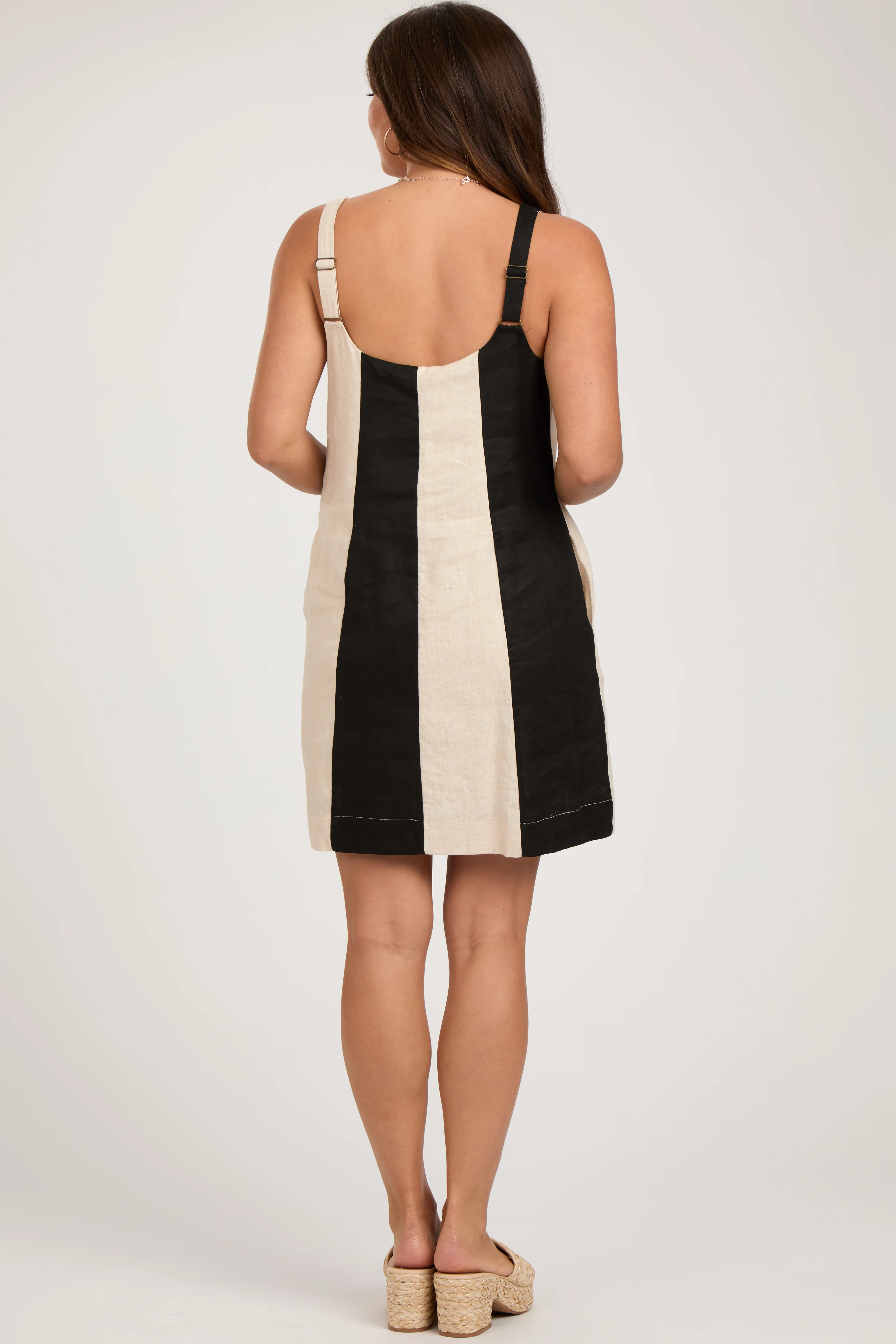 Black Color Block Linen Sleeveless Maternity Dress - Image 4