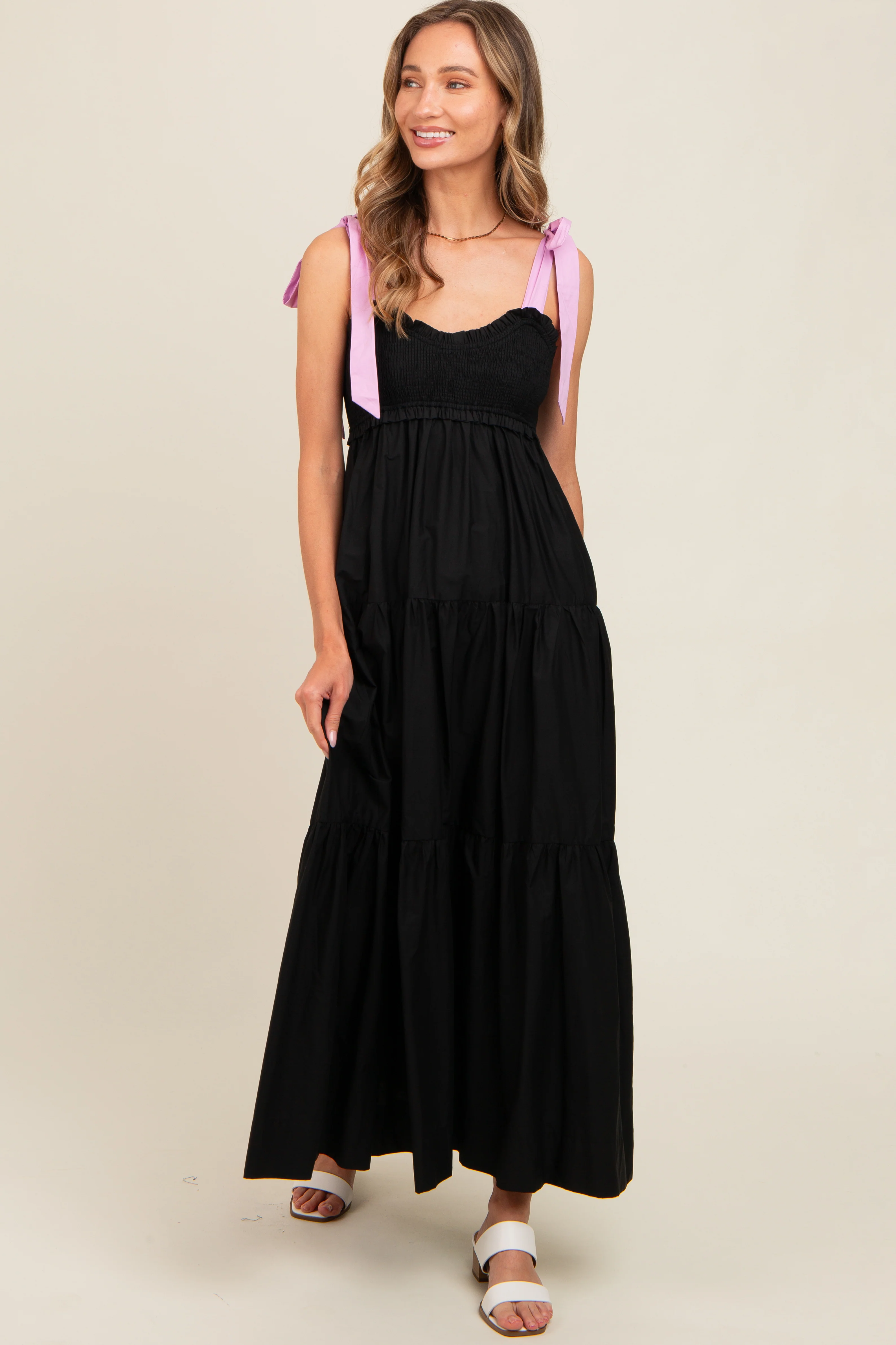 Black Contrast Shoulder Straps Maternity Maxi Dress - Image 5