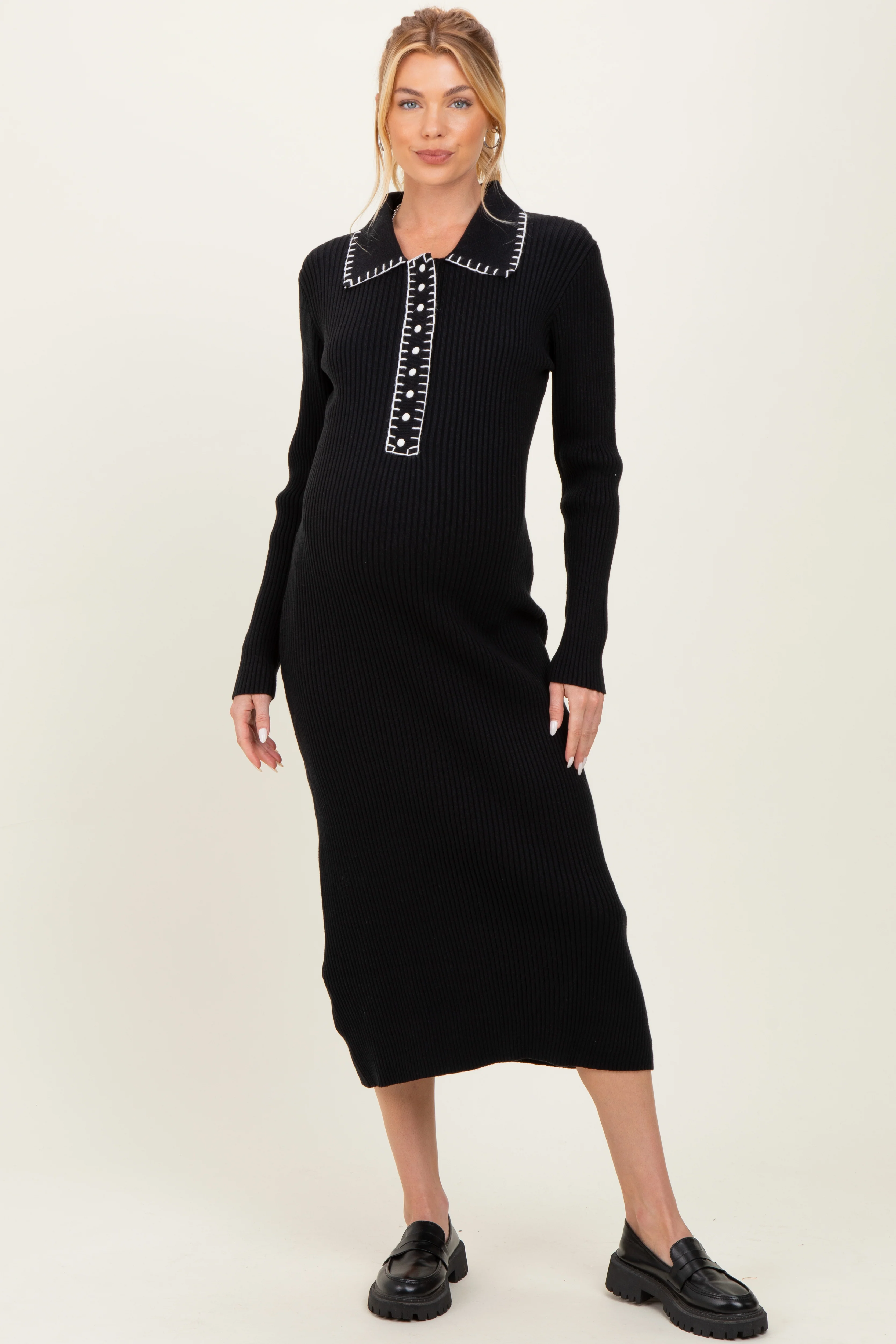 Black Contrast Stitch Maternity Midi Sweater Dress - Image 3