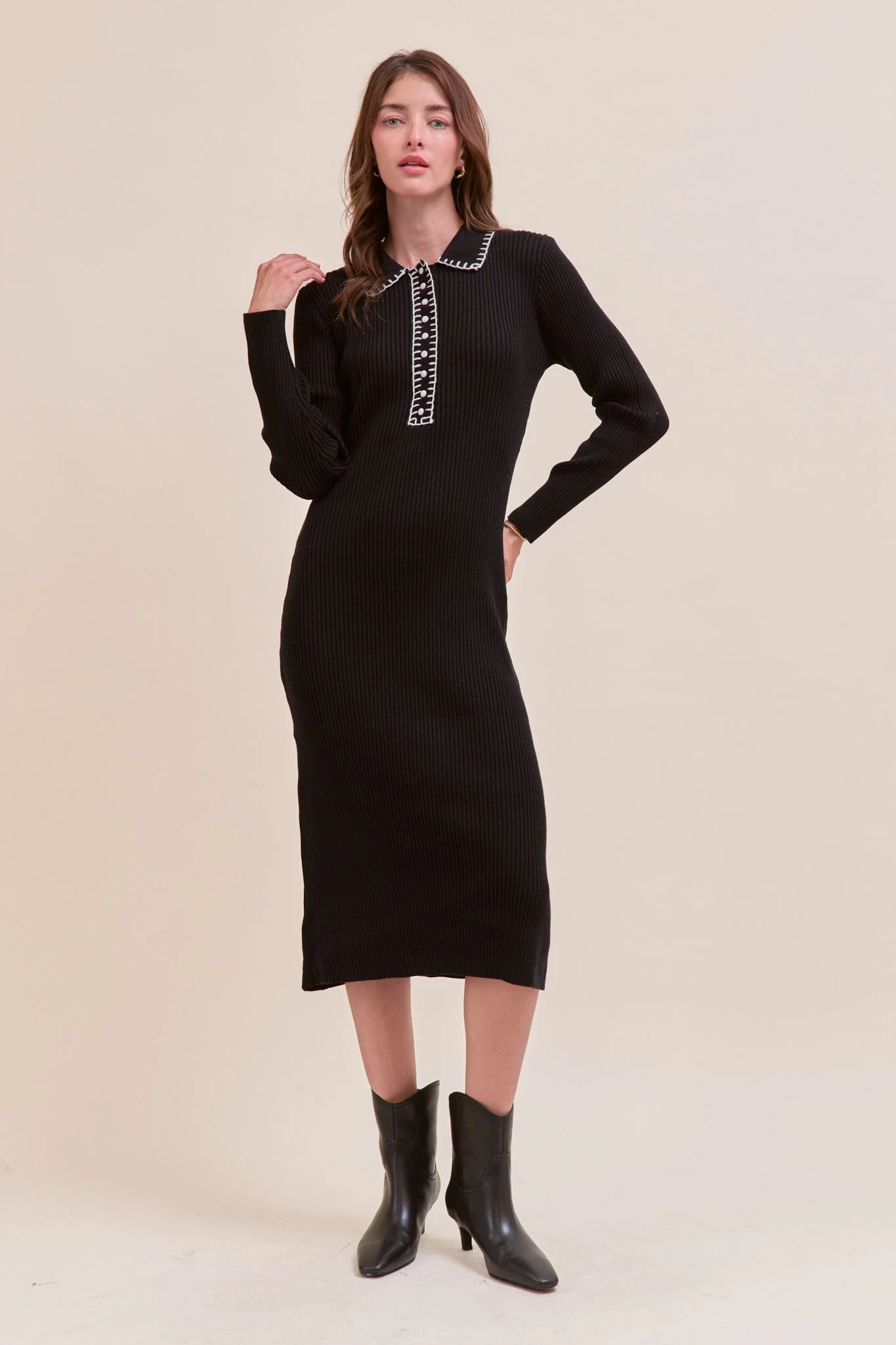 Black Contrast Stitch Maternity Midi Sweater Dress - Image 5