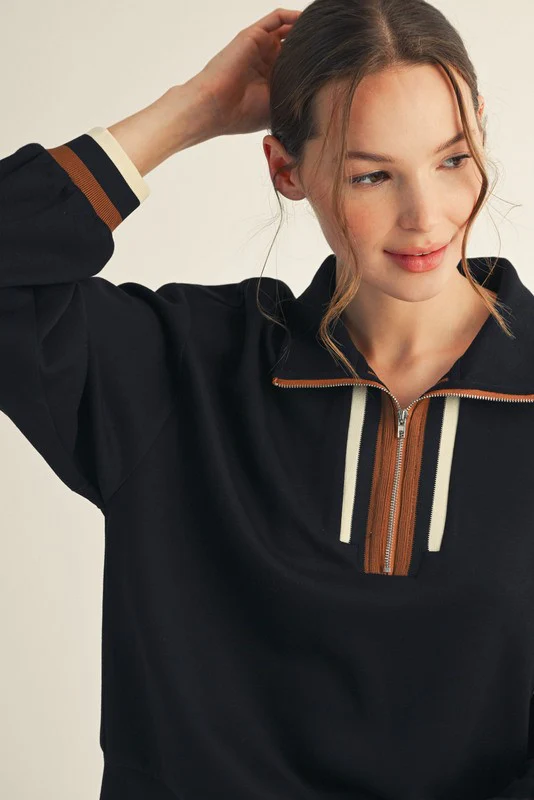 Black Contrast Trim Half Zip Sweatshirt - Image 3