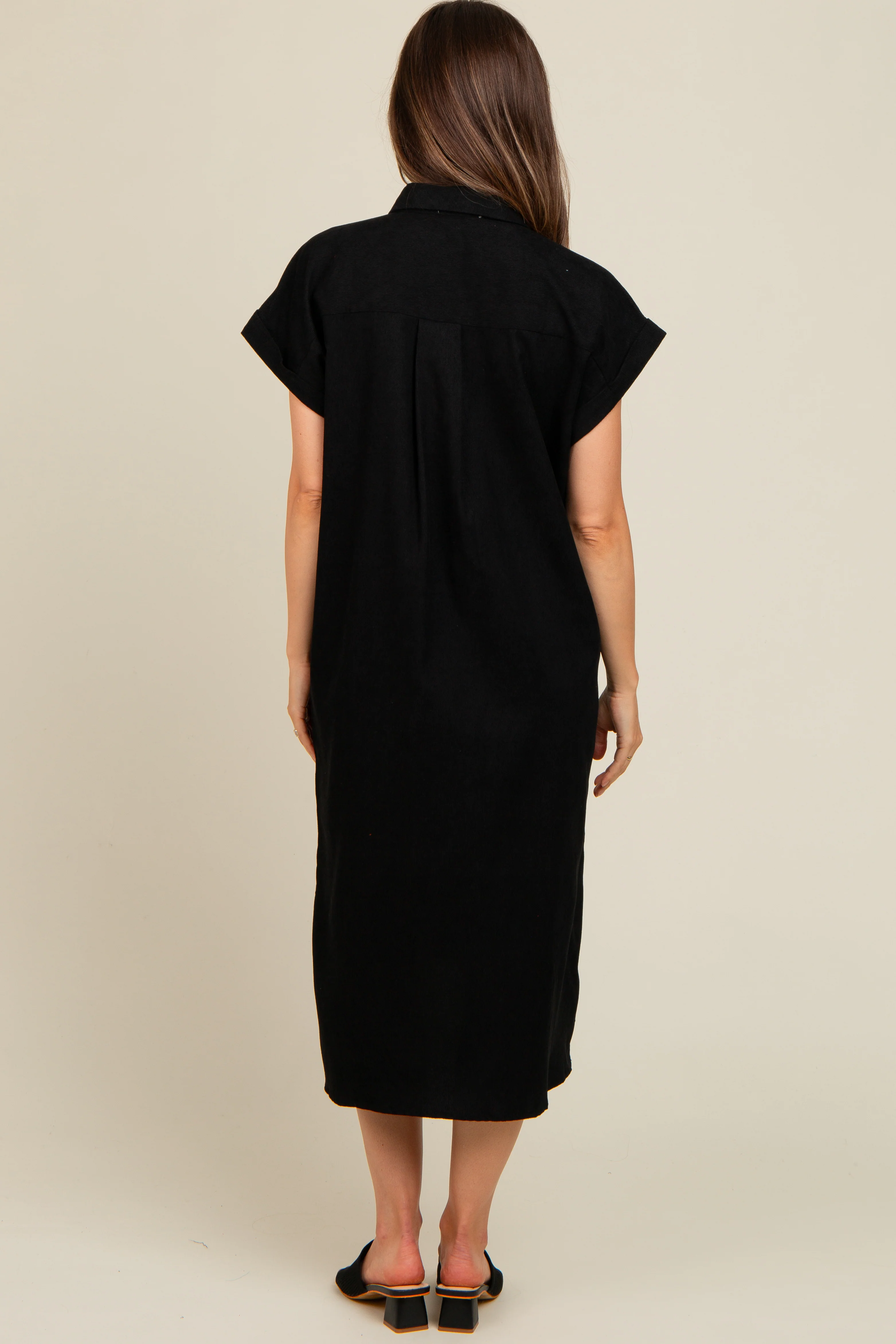 Black Corduroy Button Down Maternity Midi Dress - Image 2