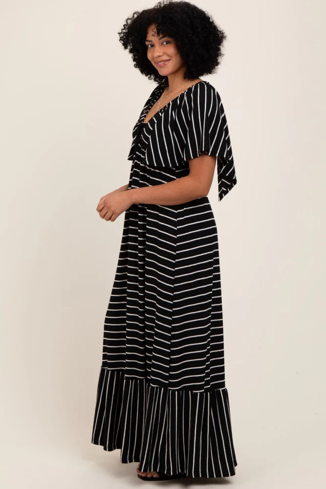 Black/ Cream Stripe Knit Flutter Sleeve V-Neck Tiered Maxi Dress - Image 3