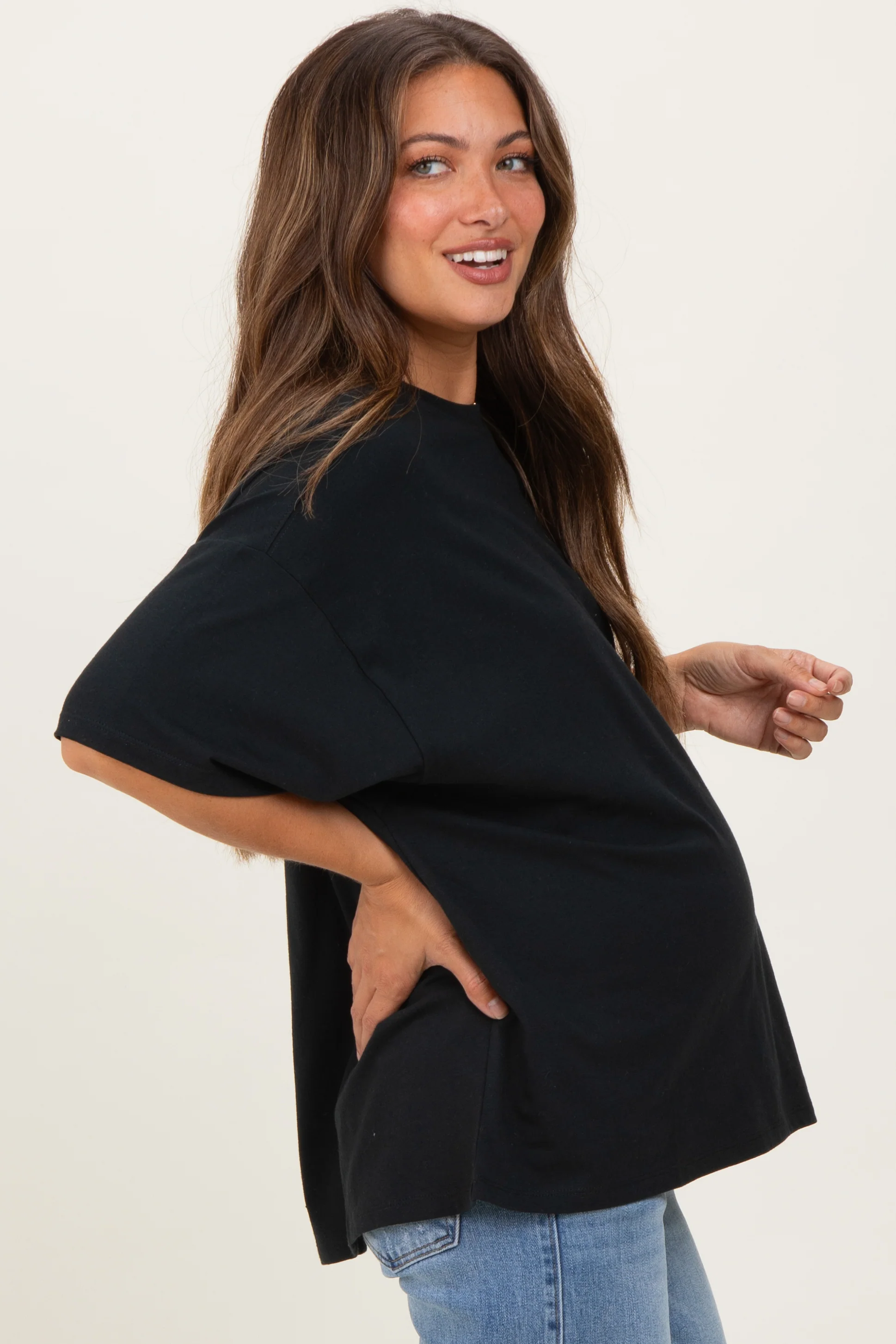 Black Crew Neck Short Sleeve Oversized Maternity T-Shirt - Image 3