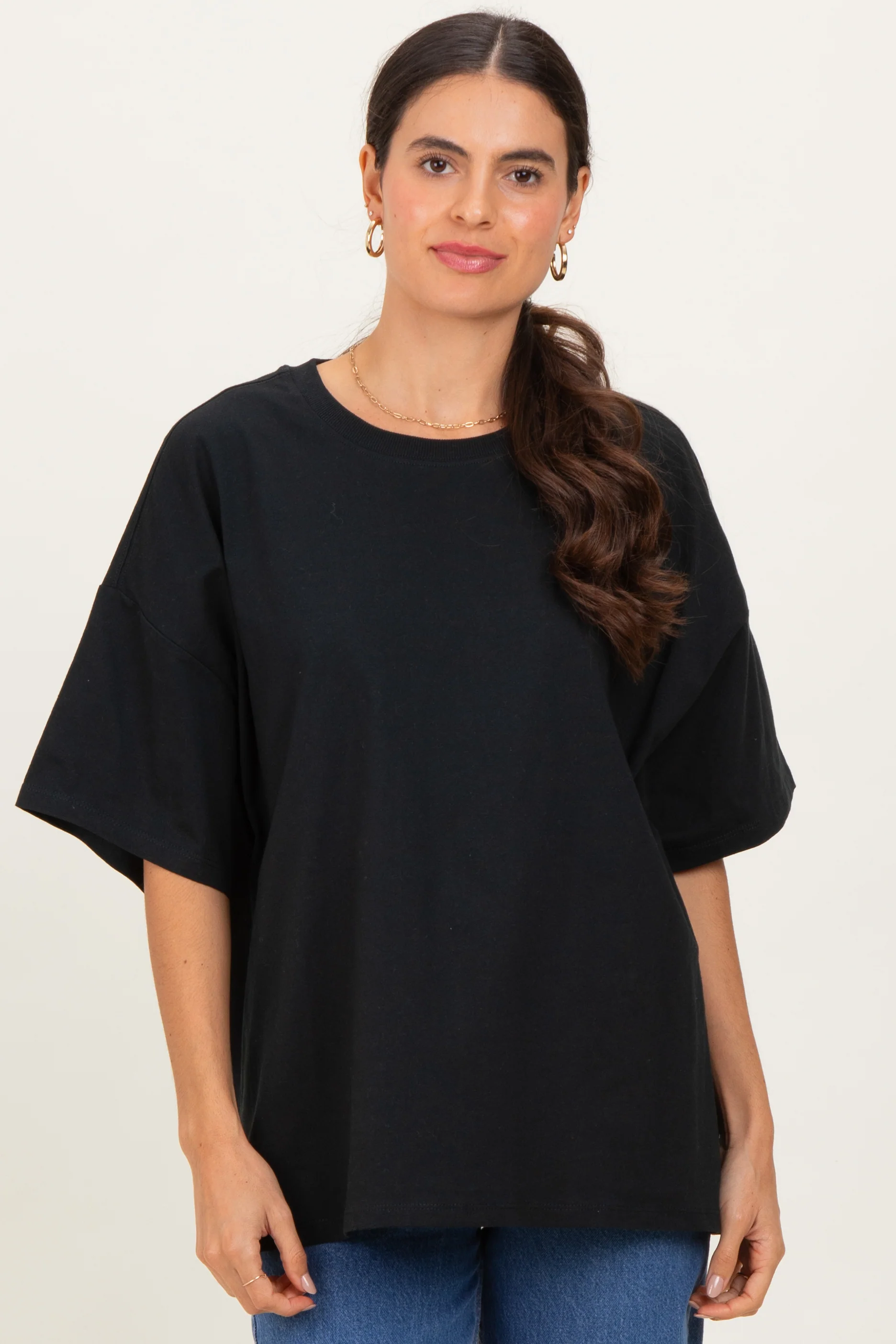 Black Crew Neck Short Sleeve Oversized Maternity T-Shirt - Image 5