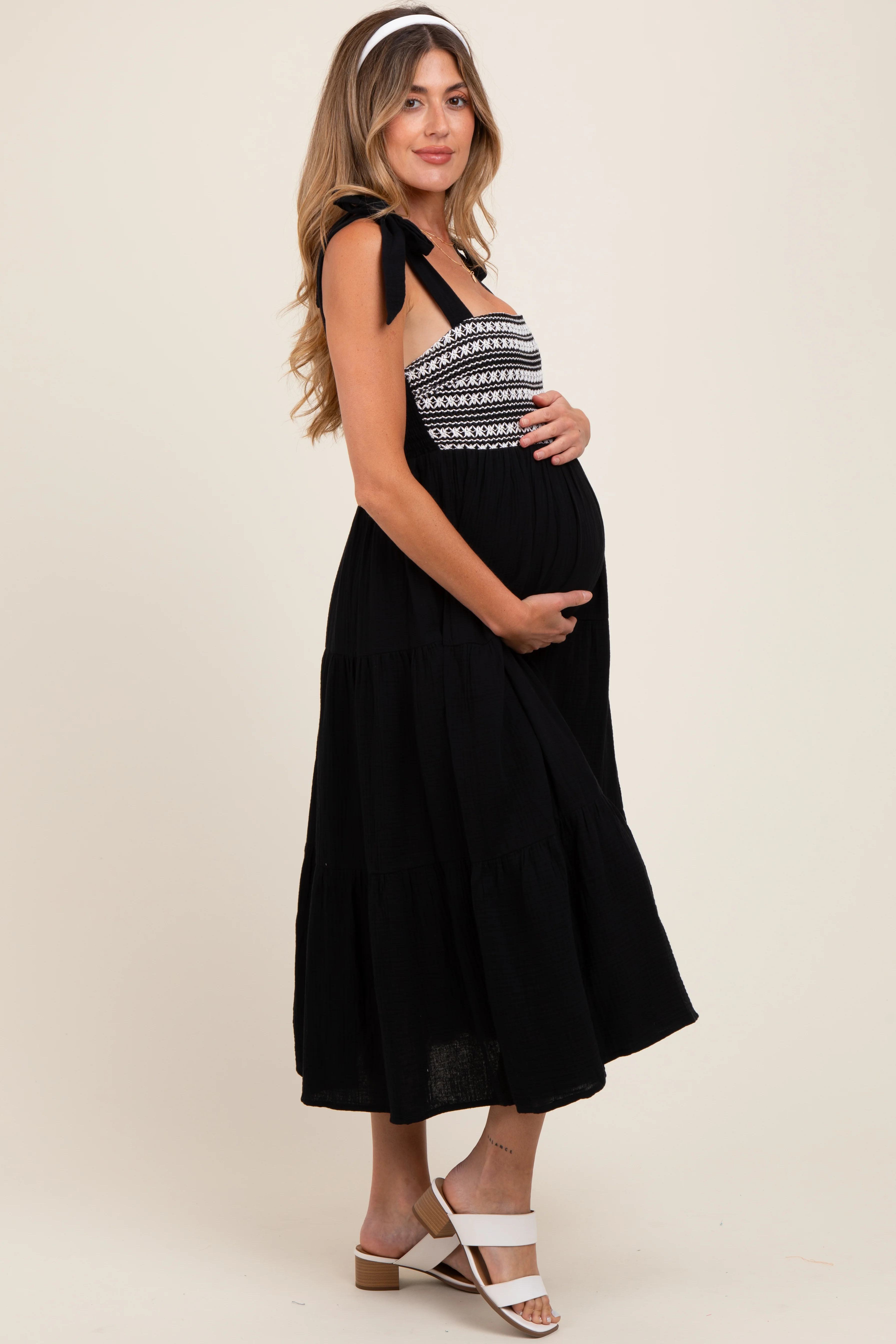 Black Crochet Bodice Shoulder Tie Tiered Maternity Midi Dress - Image 3