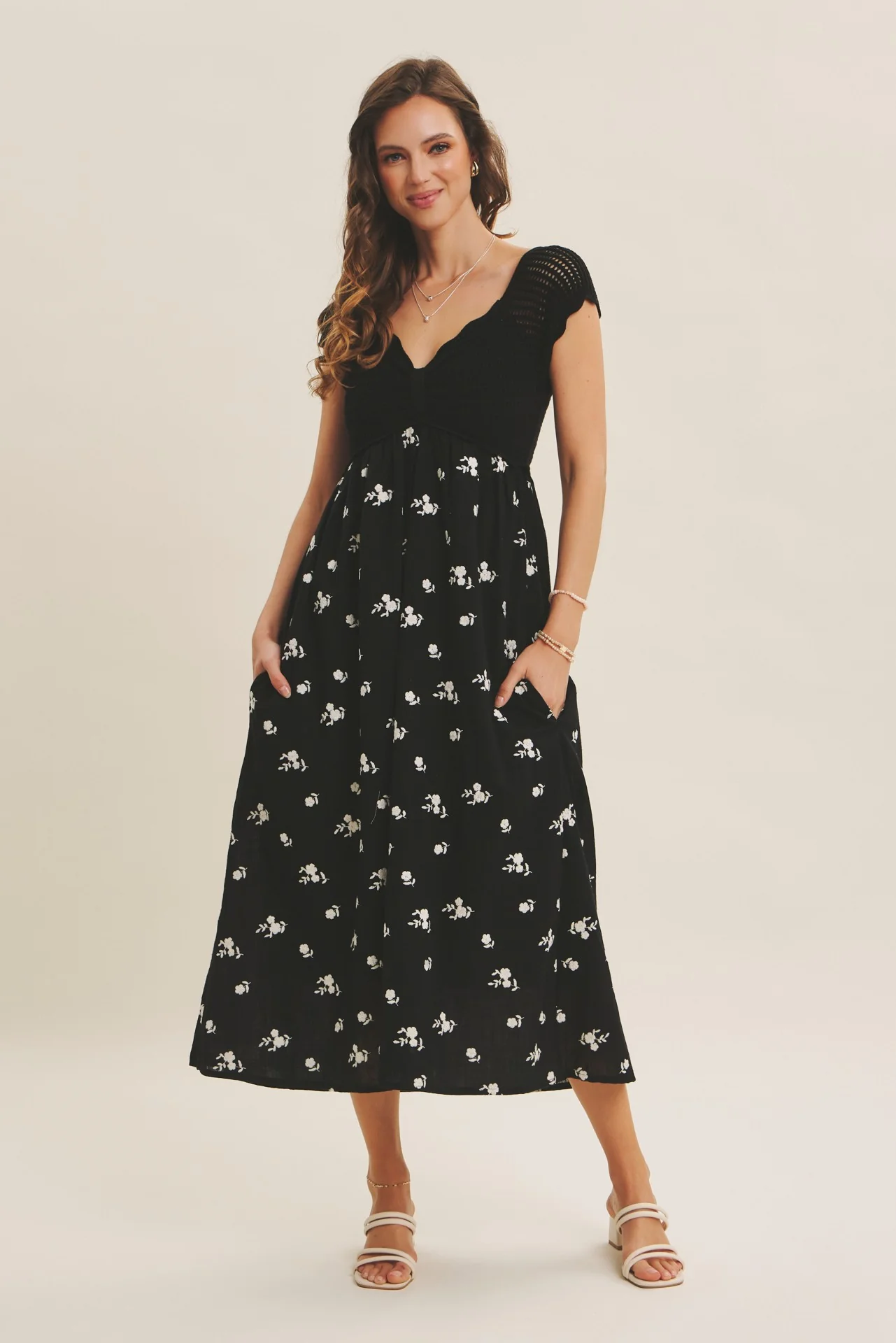 Black Crochet Sweater Floral Embroidery Maternity Midi Dress - Image 4