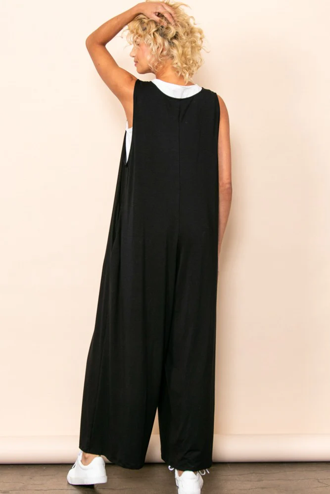 Black Deep V Sleeveless Wide Leg Jumpsuit - Image 3