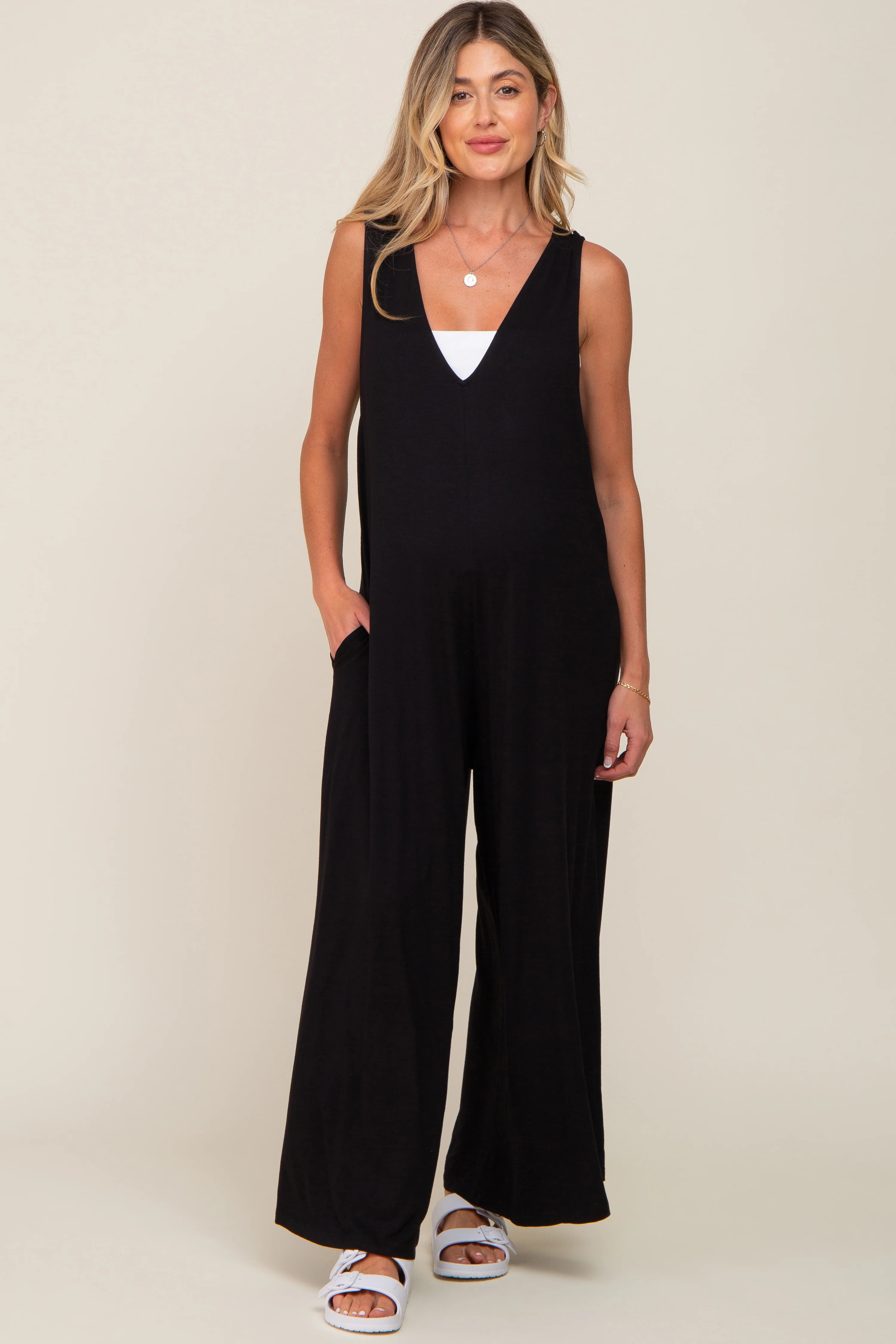 Black Deep V Sleeveless Wide Leg Maternity Jumpsuit - Image 4