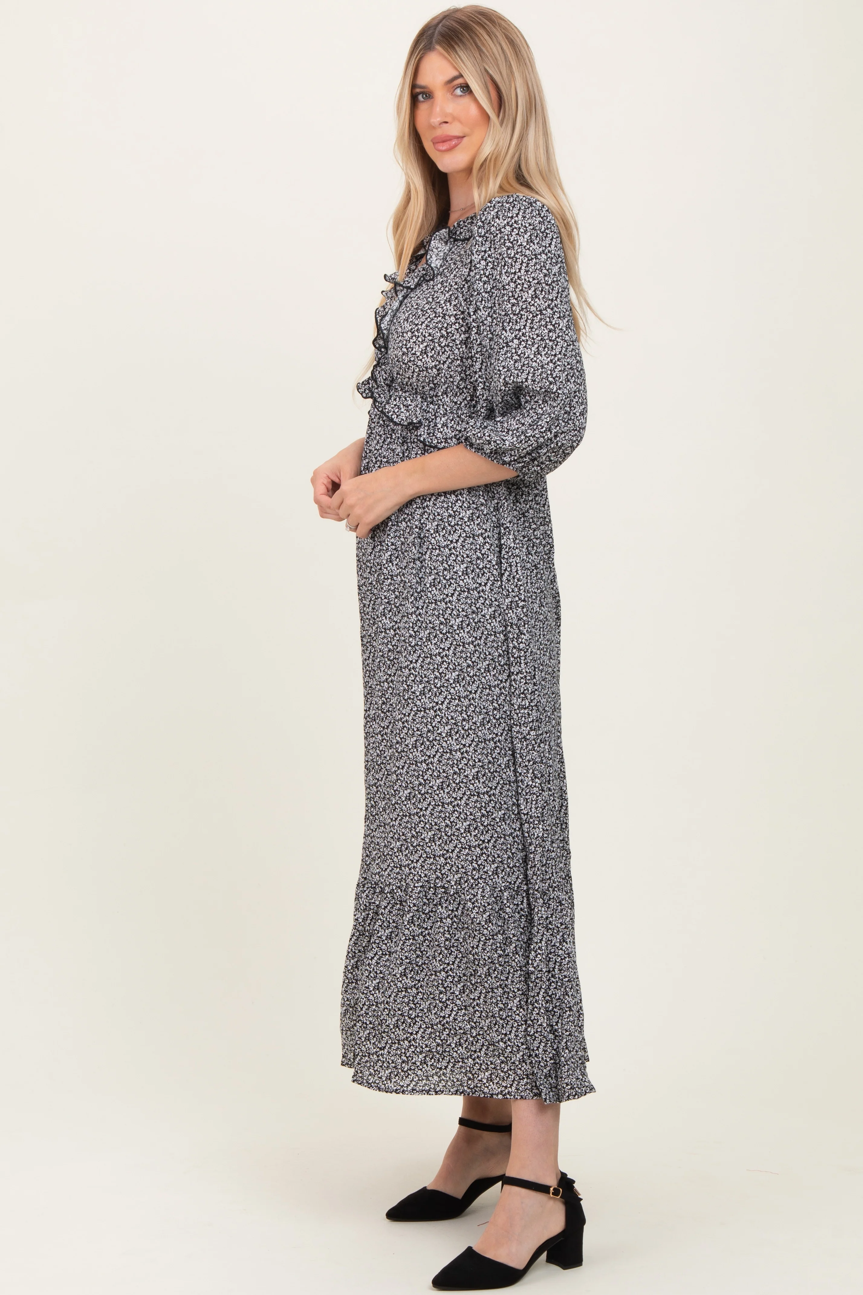 Black Ditzy Floral Long Sleeve Ruffle V-Neck Tiered Maxi Dress - Image 2