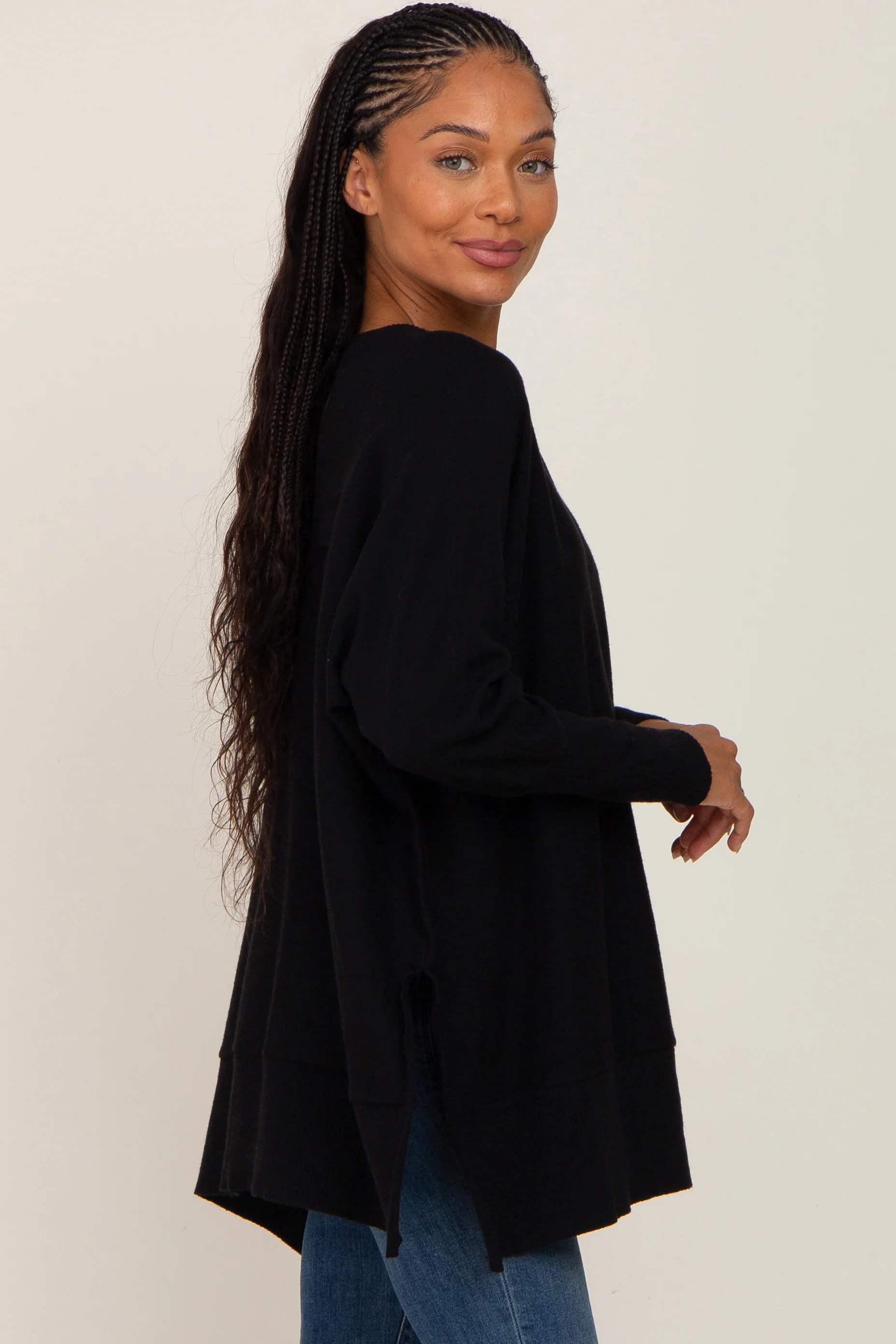 Black Dolman Sleeve Side Slit Sweater - Image 2