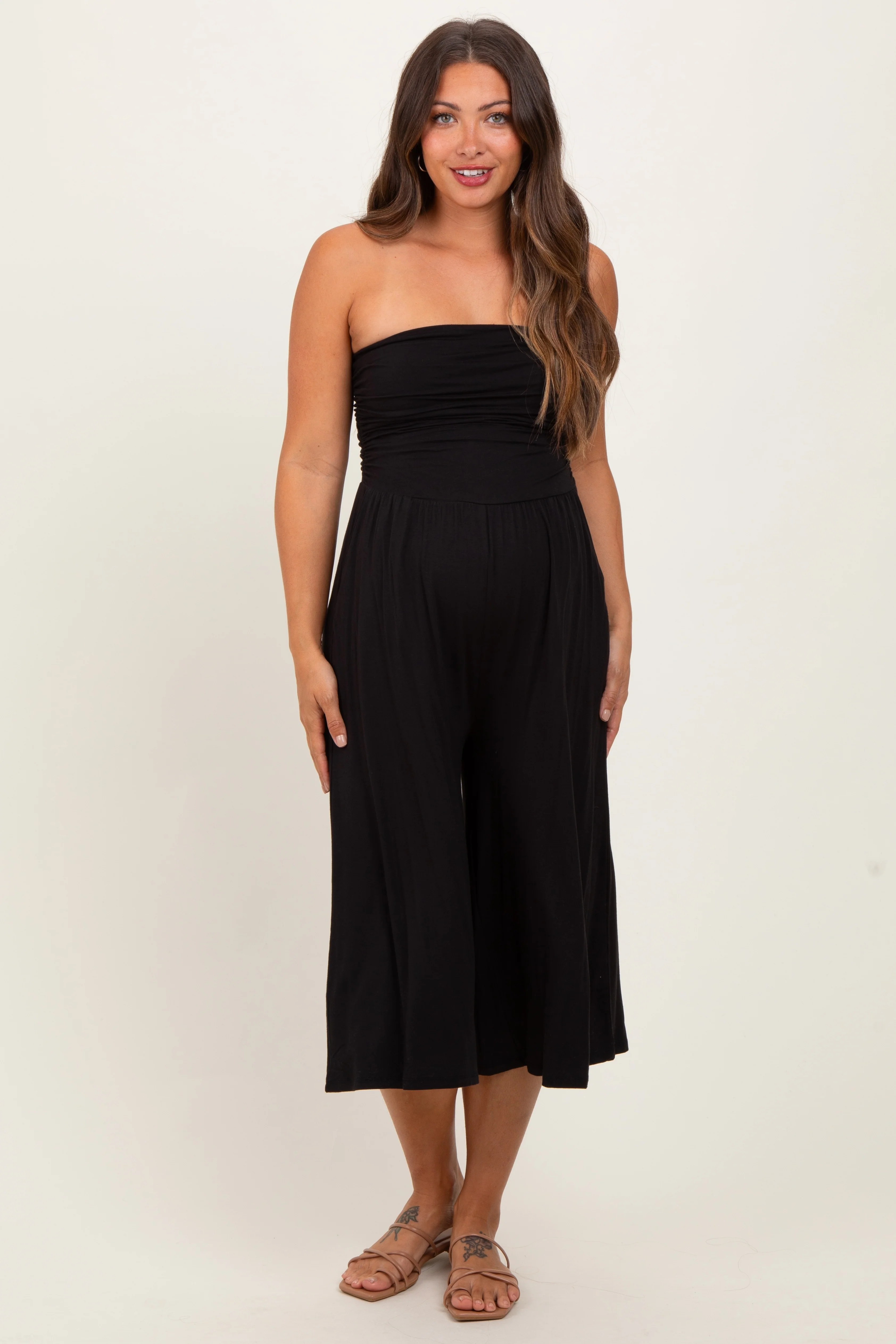 Black Double Layered Strapless Tube Top Maternity Jumpsuit - Image 2
