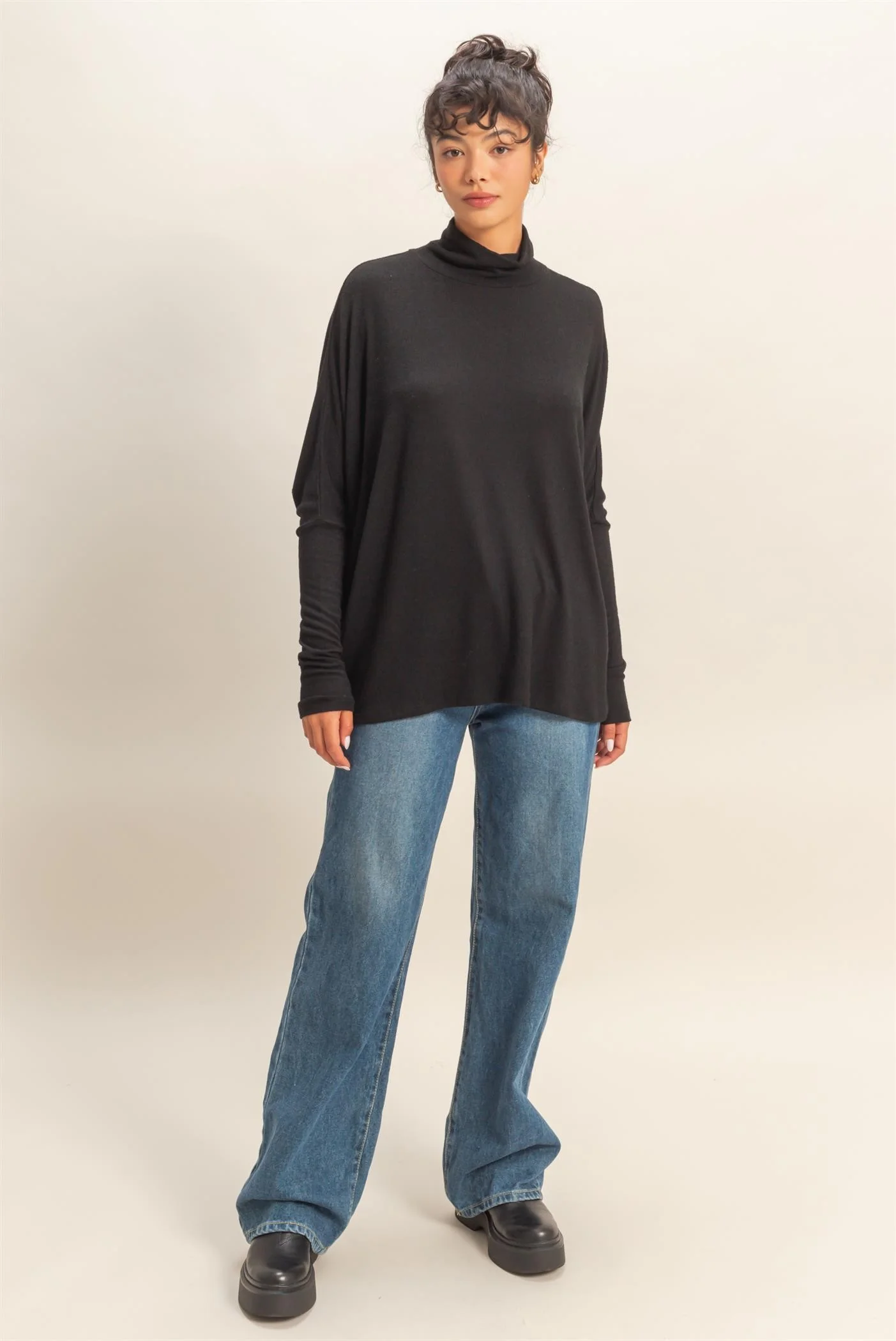 Black Draped Oversized Turtleneck Dolman Sleeve Top - Image 4