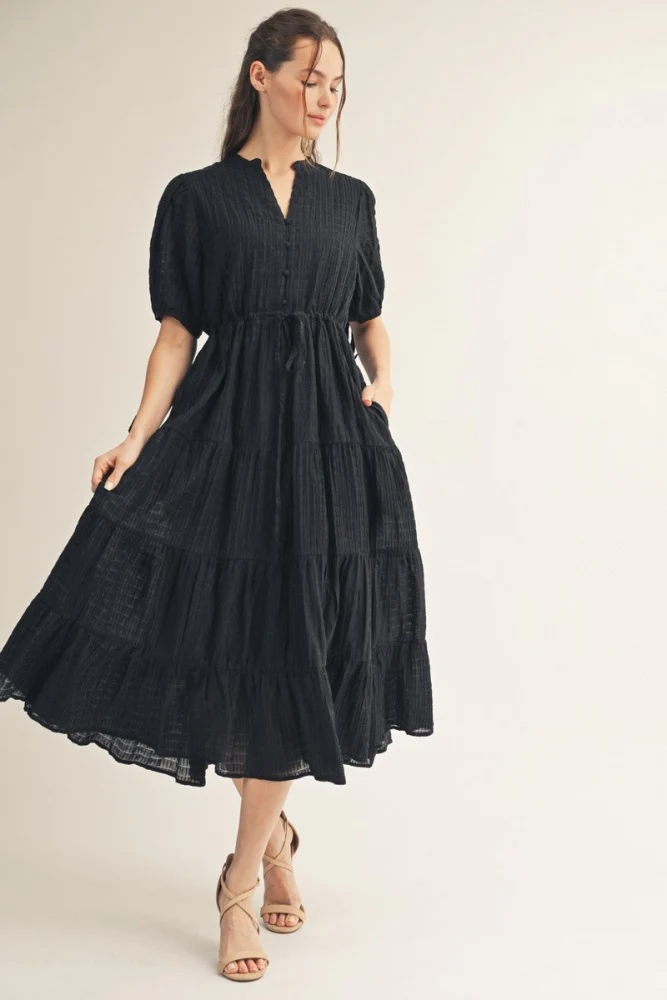 Black Drawstring Waist Tiered Midi Dress - Image 3