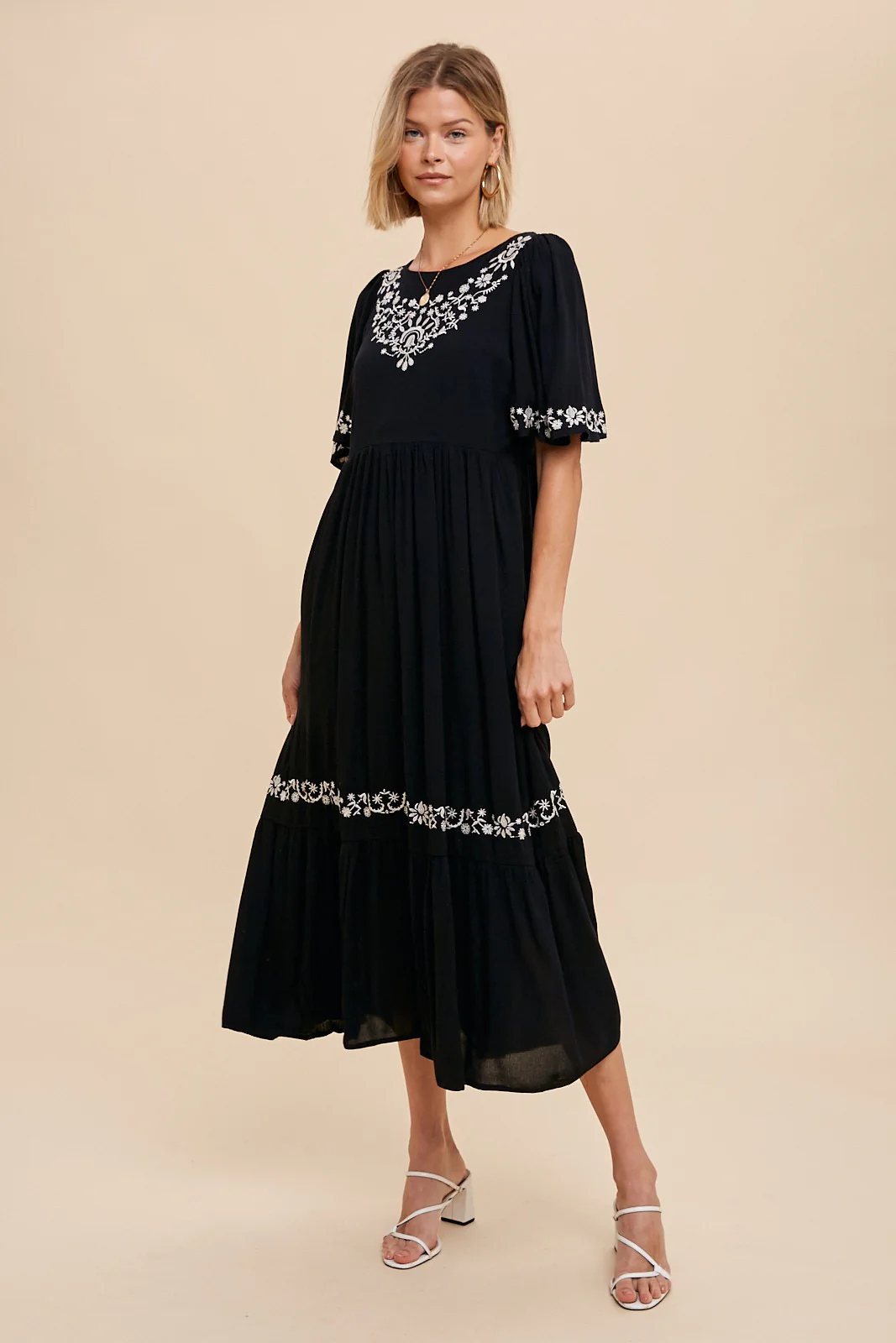 Black Embroidered V-Back Ruffle Maternity Midi Dress - Image 5
