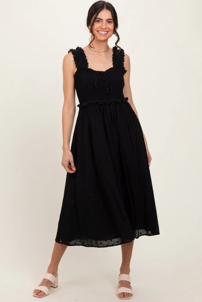 Black Eyelet Sleeveless Maternity Midi Dress - Image 5