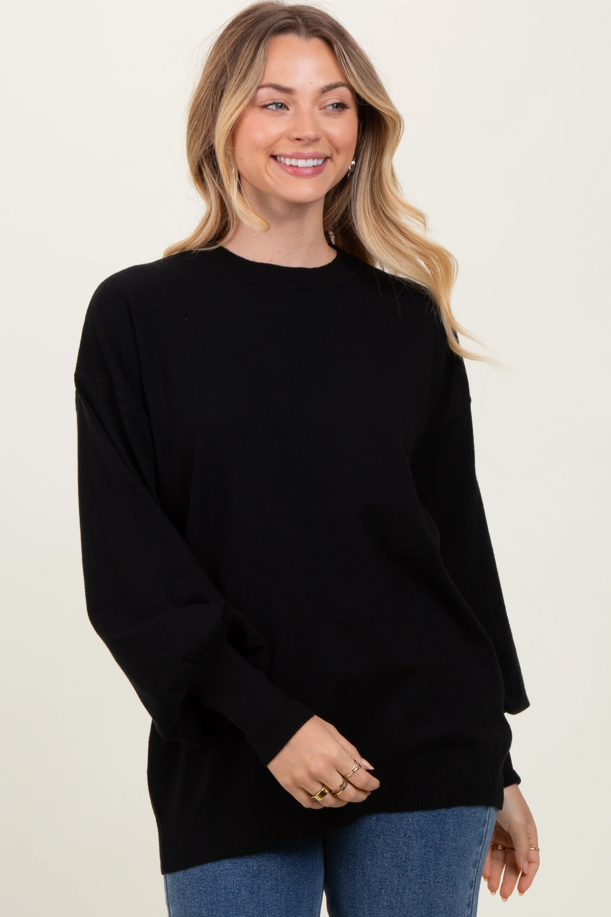 Black Fine Knit Balloon Sleeve Sweater - Image 2