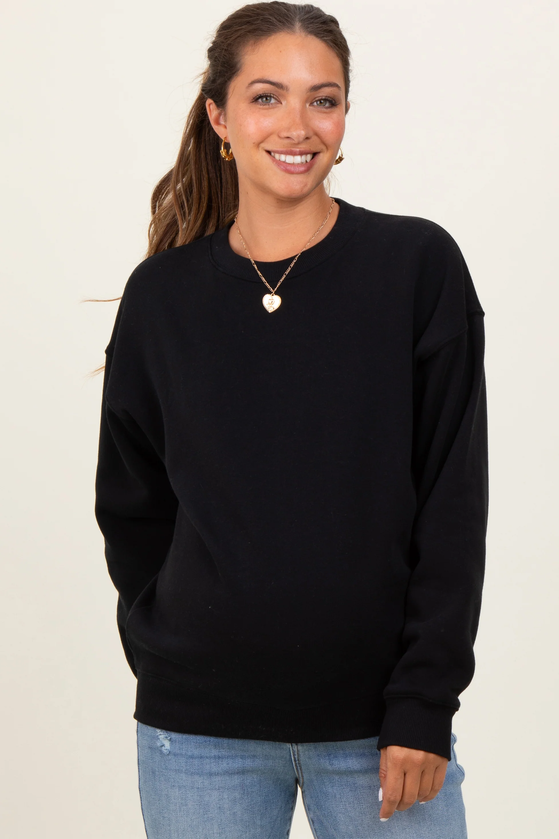 Black Fleece Crew Neck Relaxed Fit Maternity Sweatshirt - Image 2