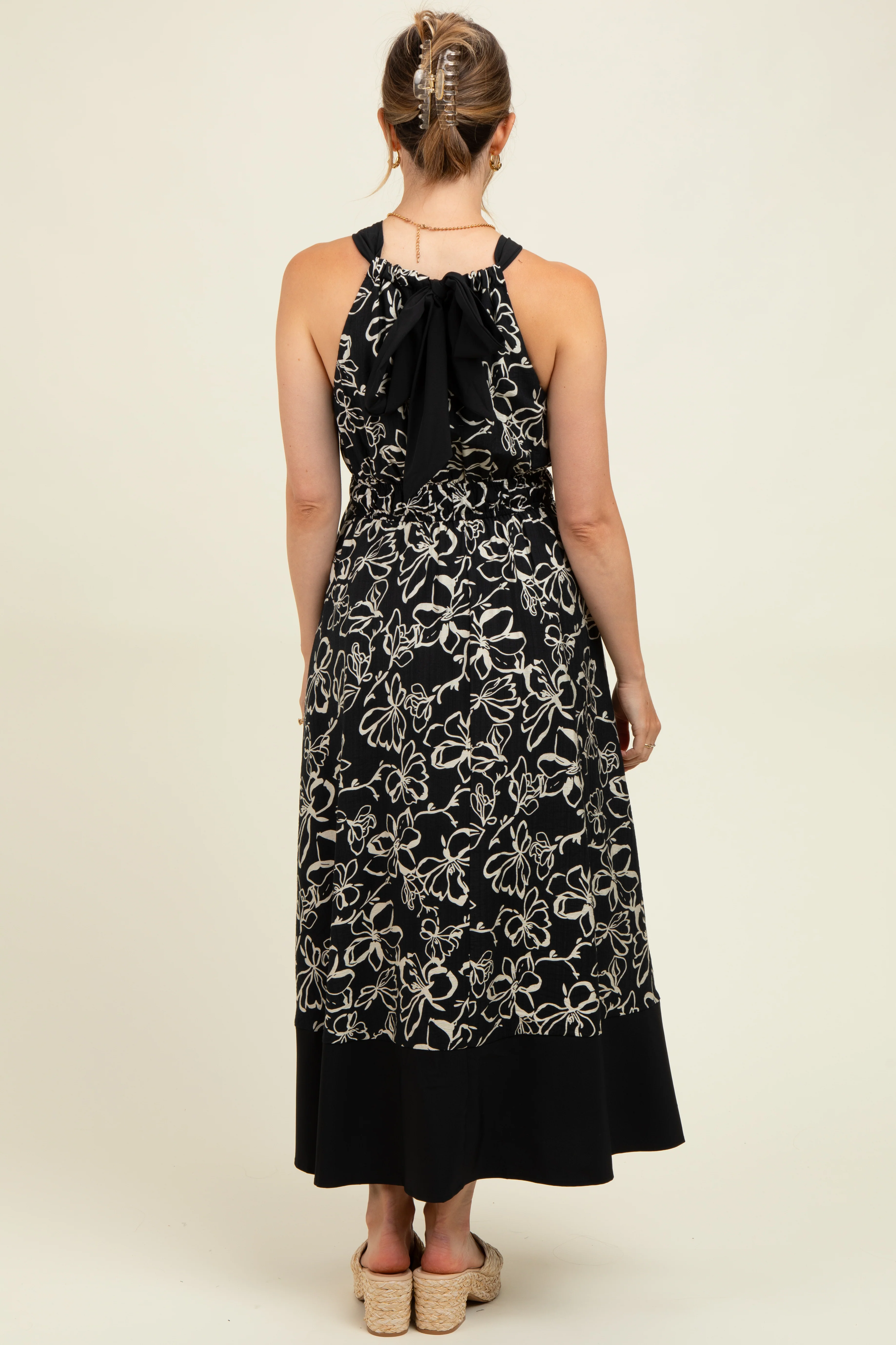 Black Floral Bow Tie Sleeveless Maternity Midi Dress - Image 3
