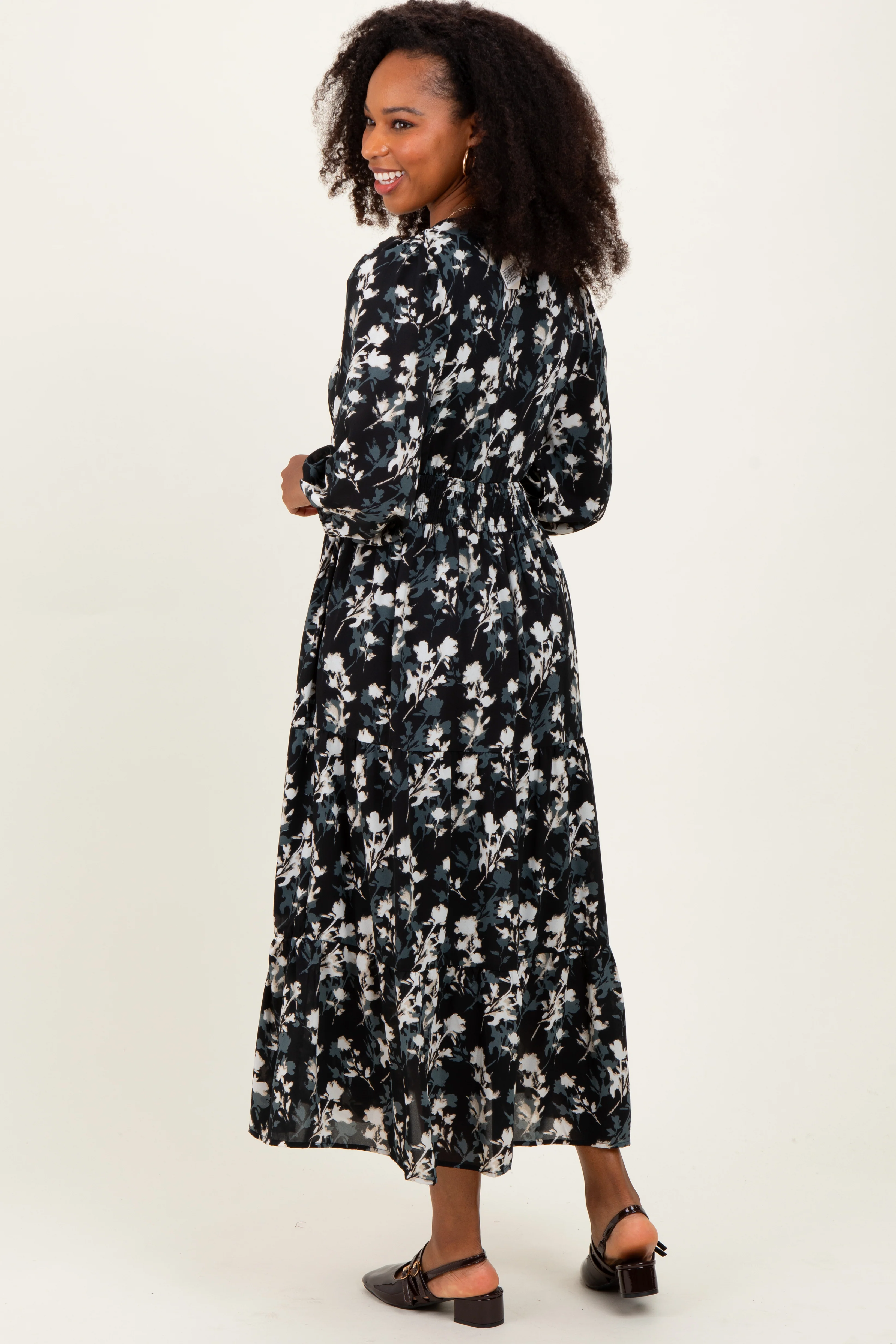 Black Floral Button Front V-Neck Midi Dress - Image 4