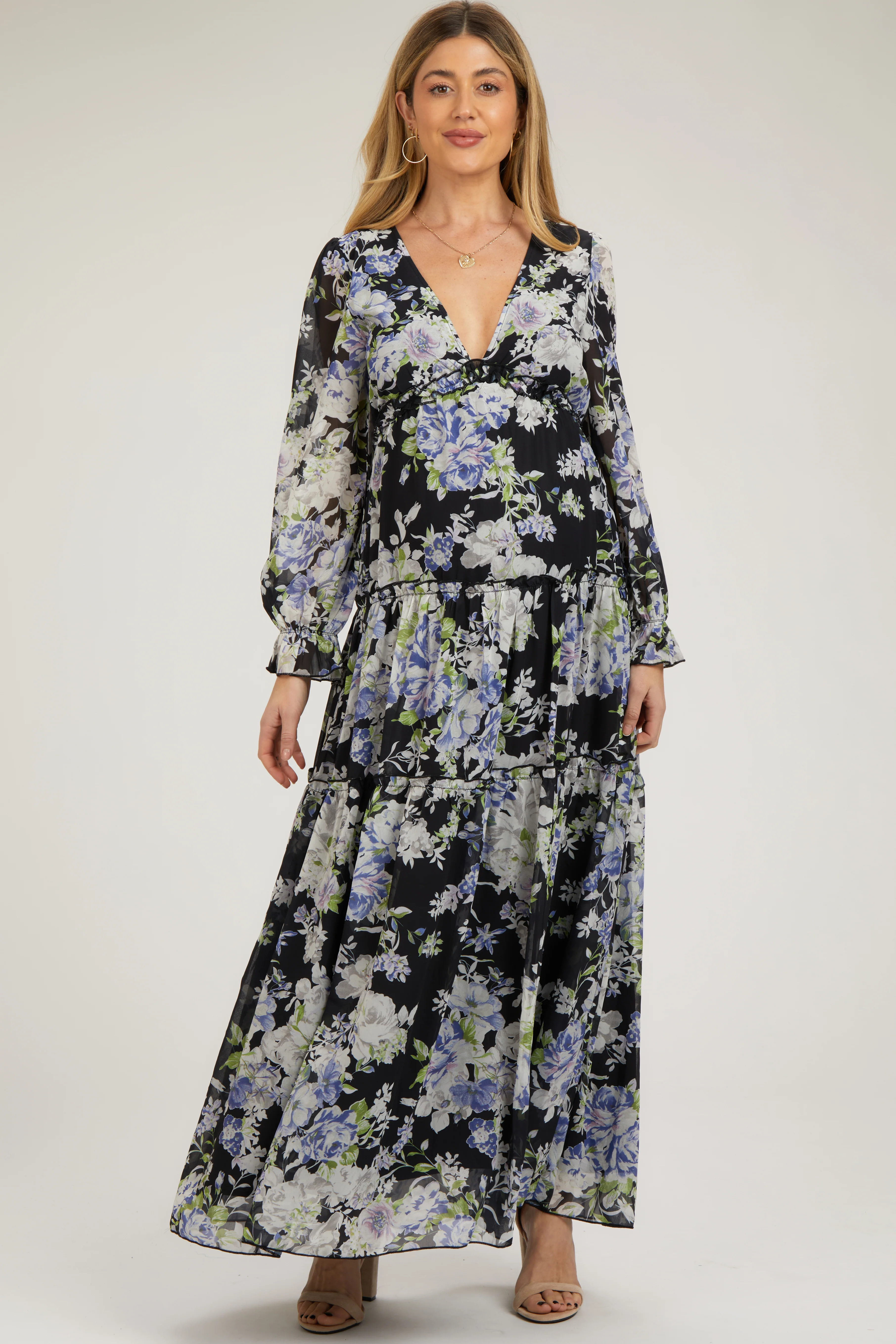 Black Floral Chiffon Deep V Ruffle Tiered Maternity Maxi Dress - Image 2