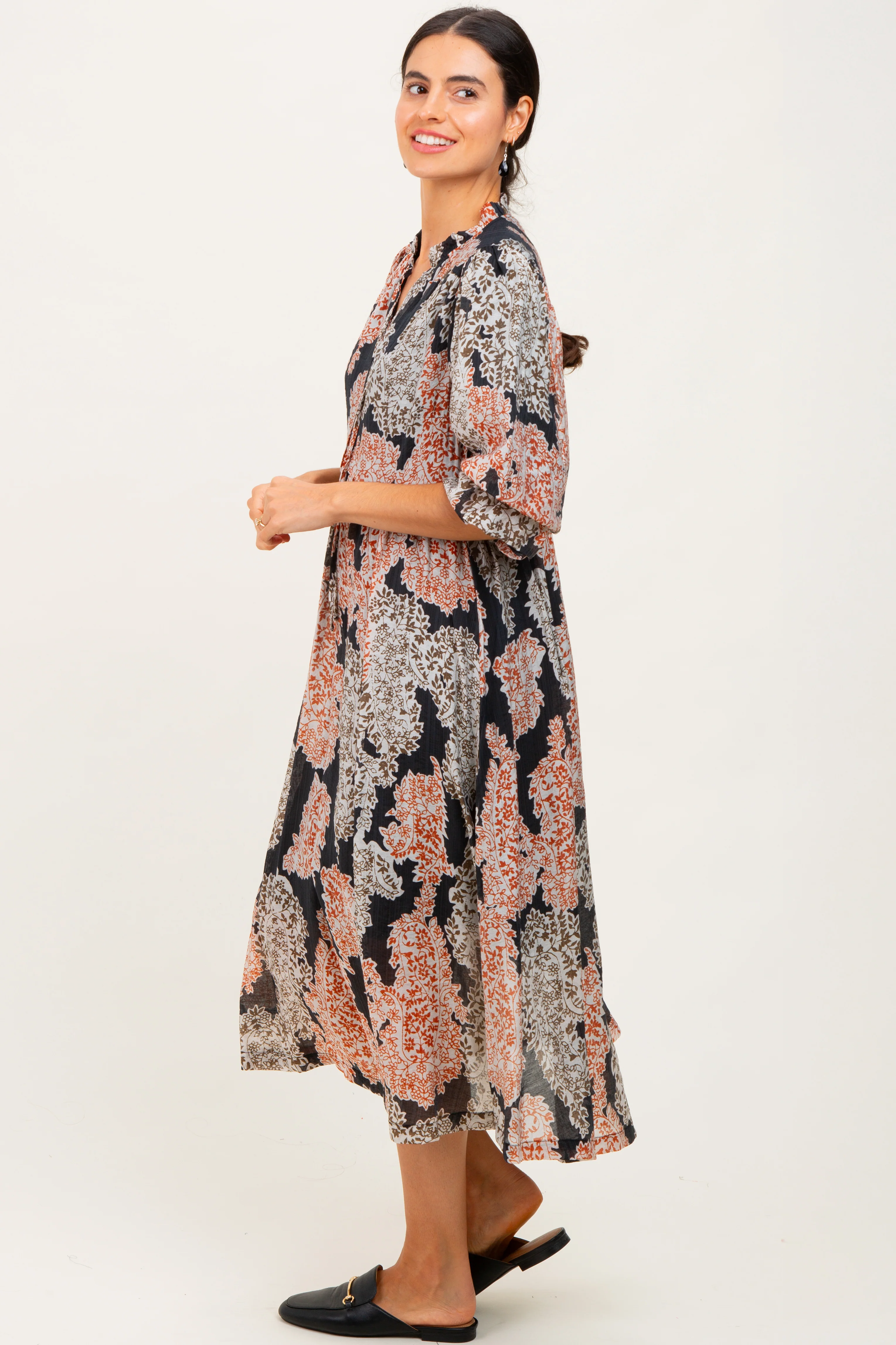 Black Floral Chiffon Front Tie Midi Dress - Image 2