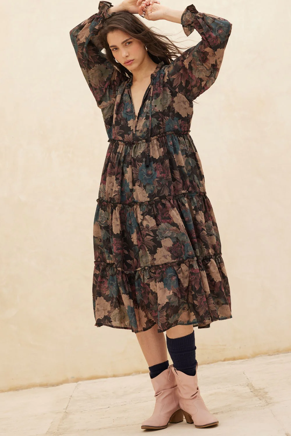 Black Floral Chiffon Ruffle Tiered Maternity Midi Dress - Image 6