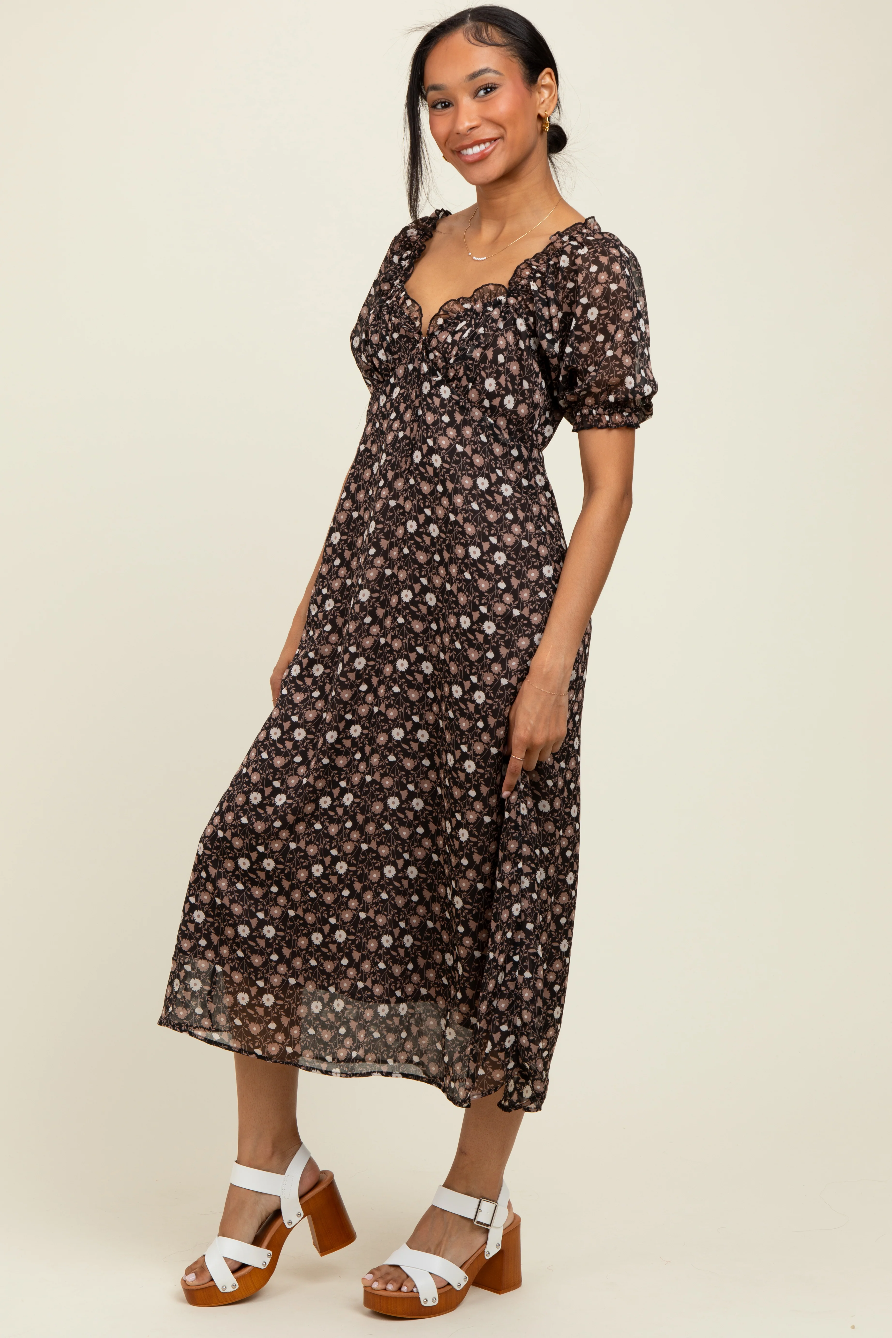 Black Floral Chiffon Sweetheart Puff Sleeve Midi Dress - Image 3