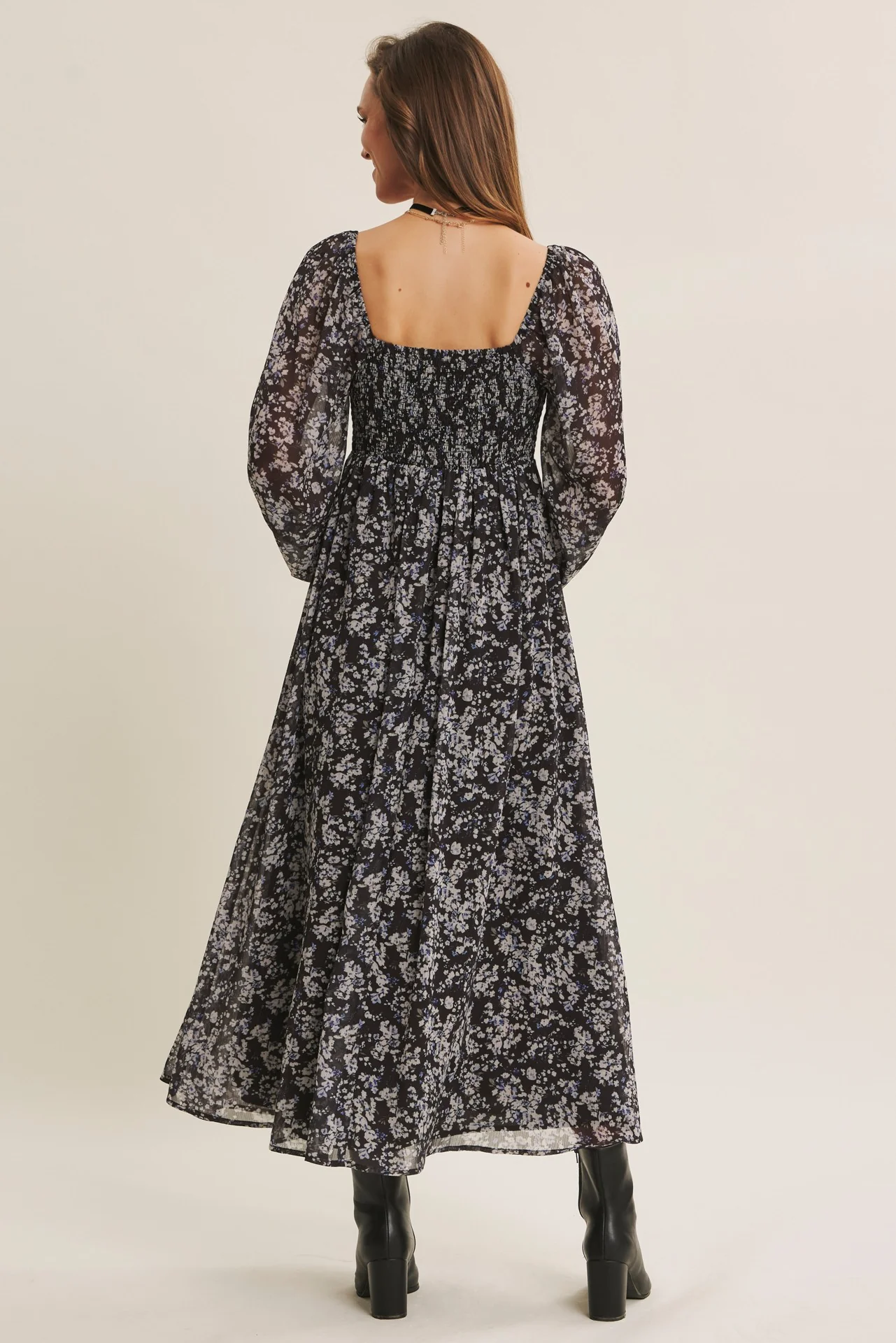 Black Floral Chiffon Twisted Front Midi Dress - Image 3