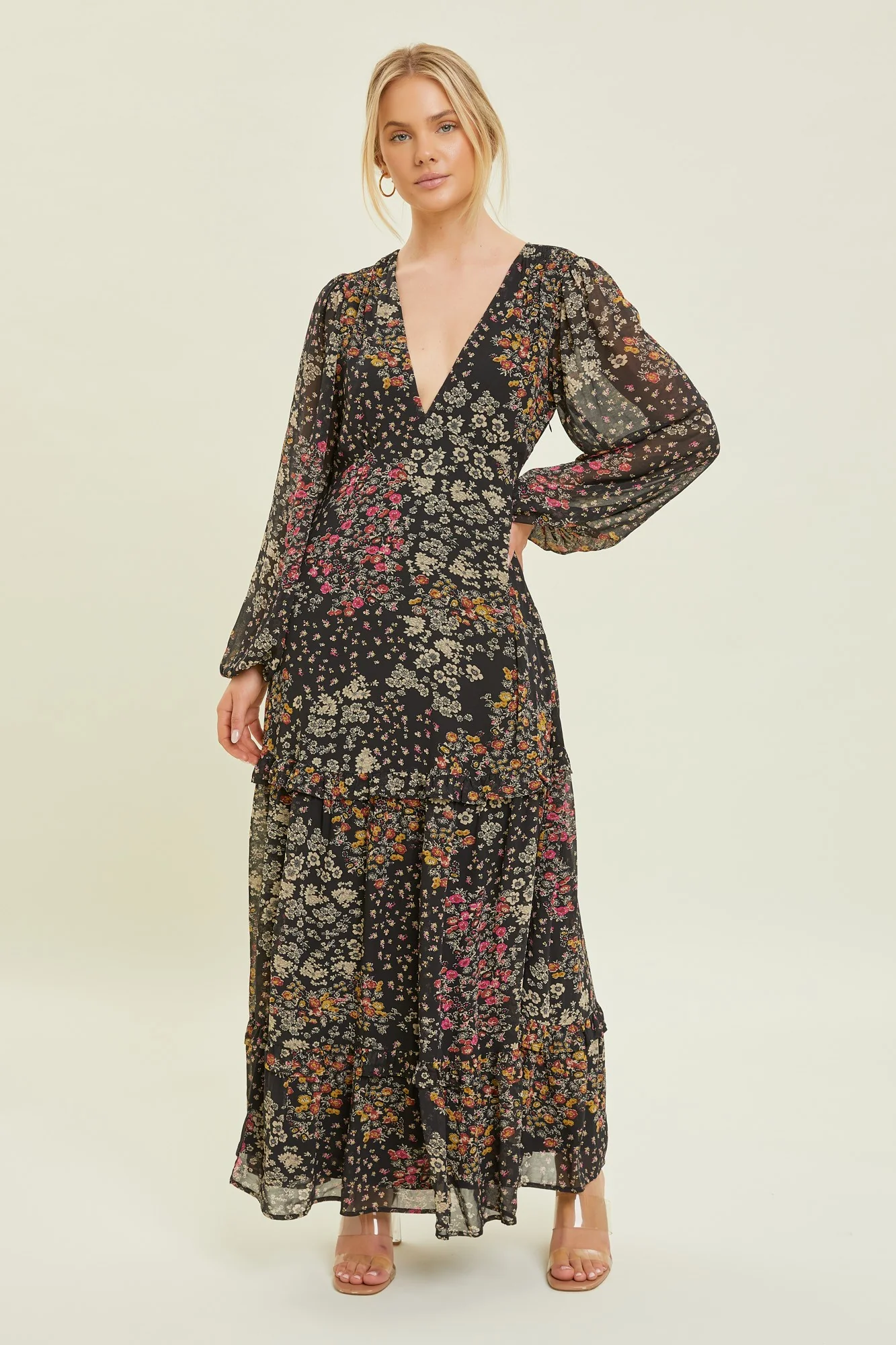 Black Floral Chiffon V-Neck Long Sleeve Maternity Maxi Dress - Image 5
