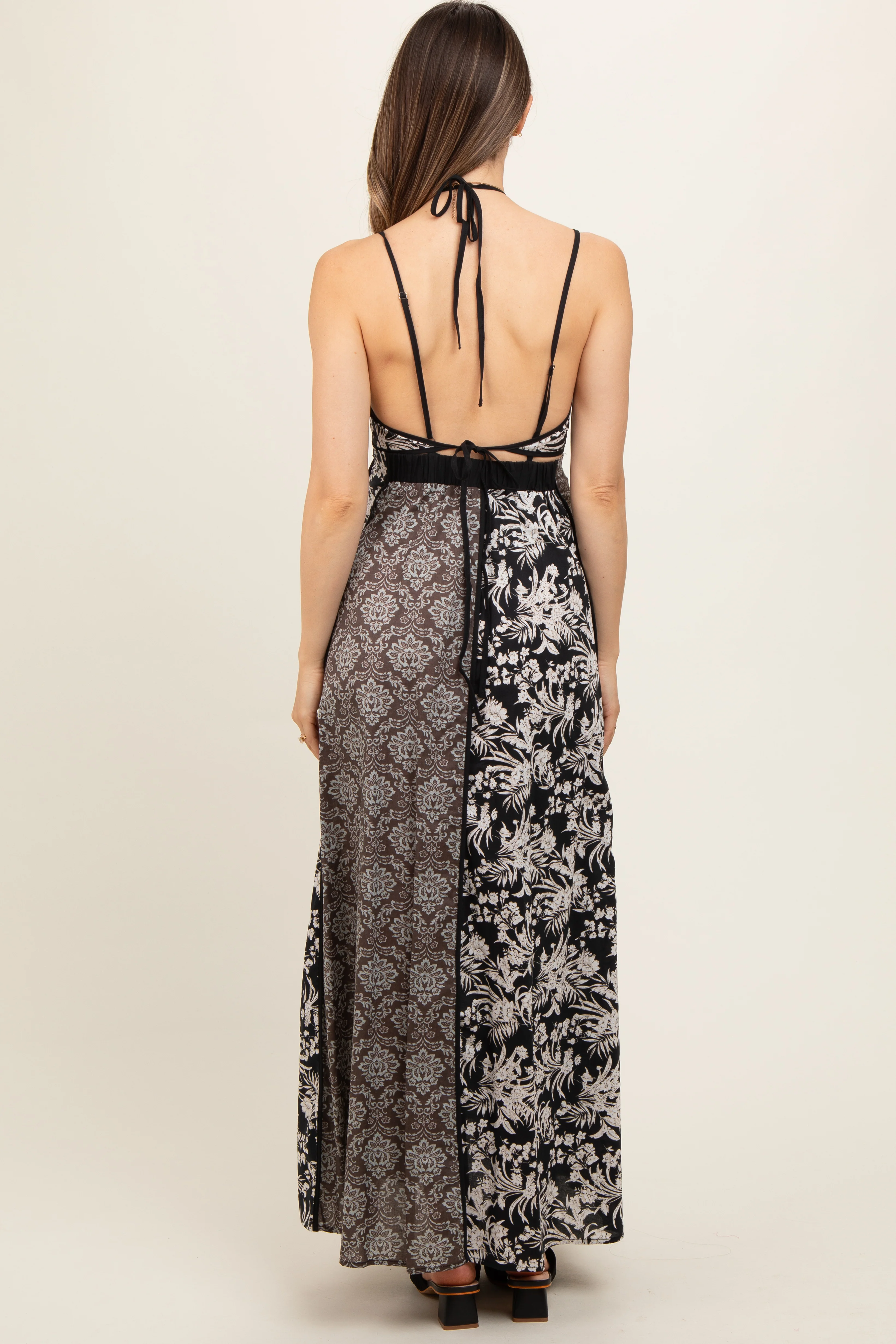 Black Floral Colorblock Cutout Open Back Maternity Maxi Dress - Image 3