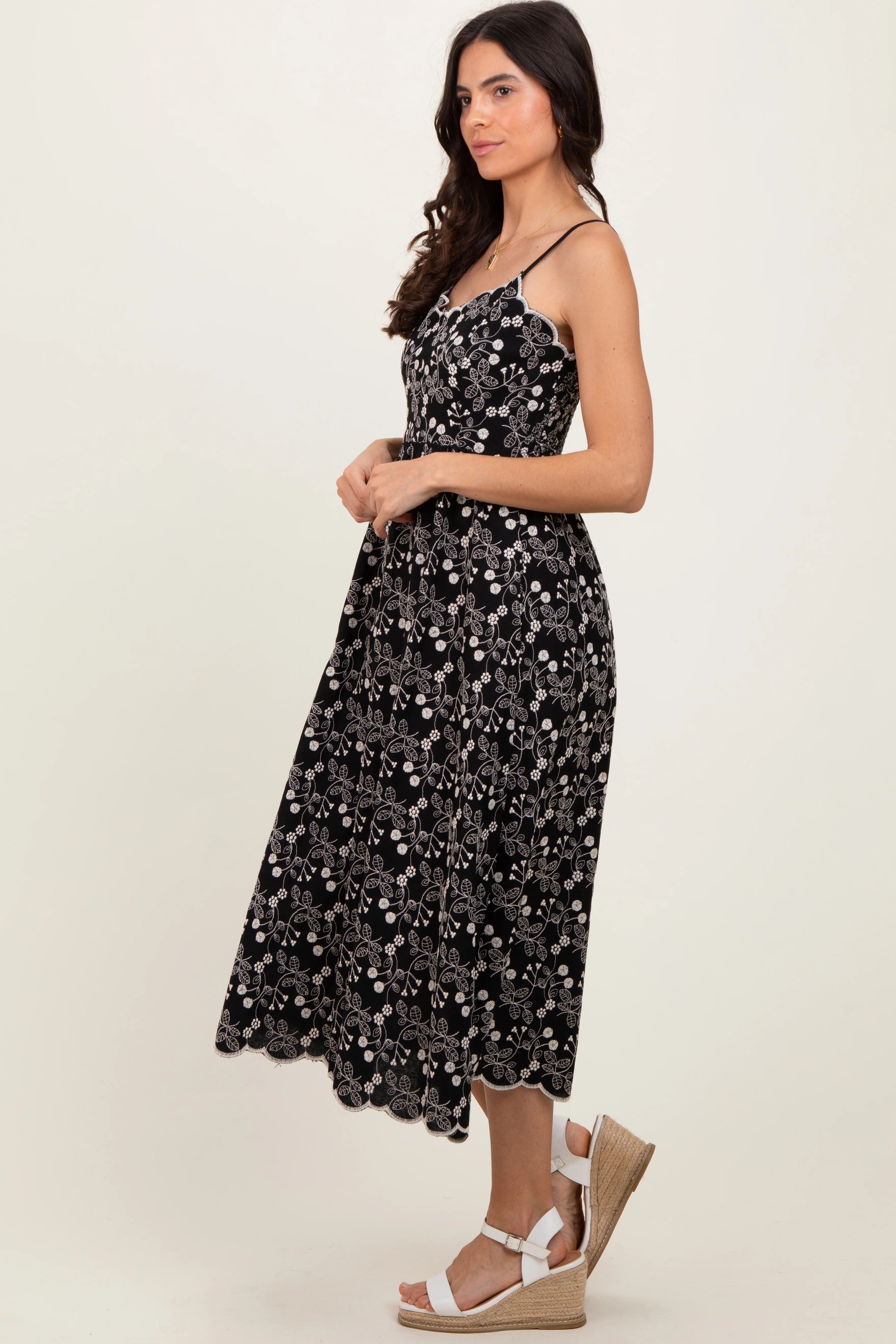 Black Floral Embroidered Scallop Detail Midi Dress - Image 3