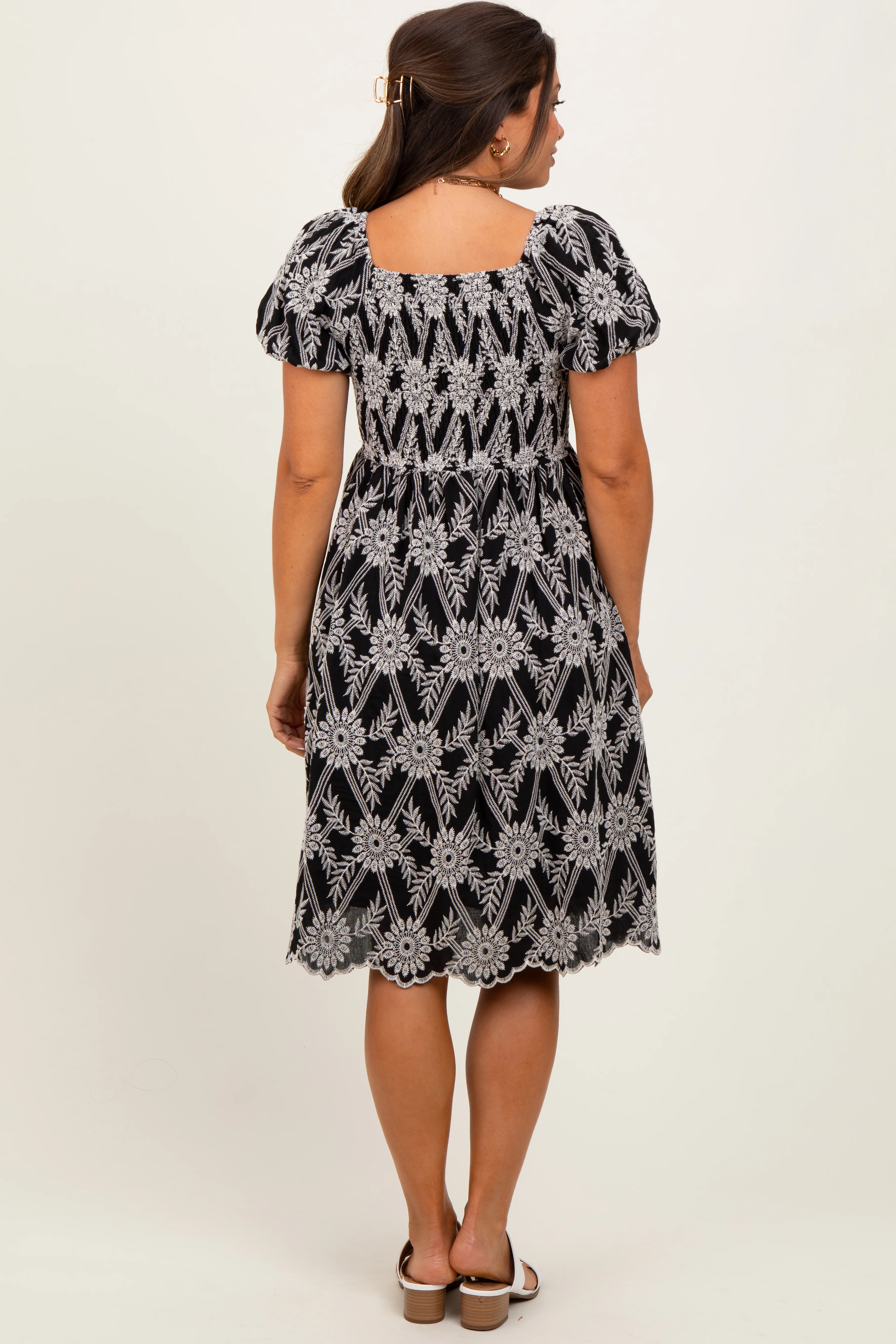 Black Floral Embroidered Square Neck Maternity Dress - Image 4