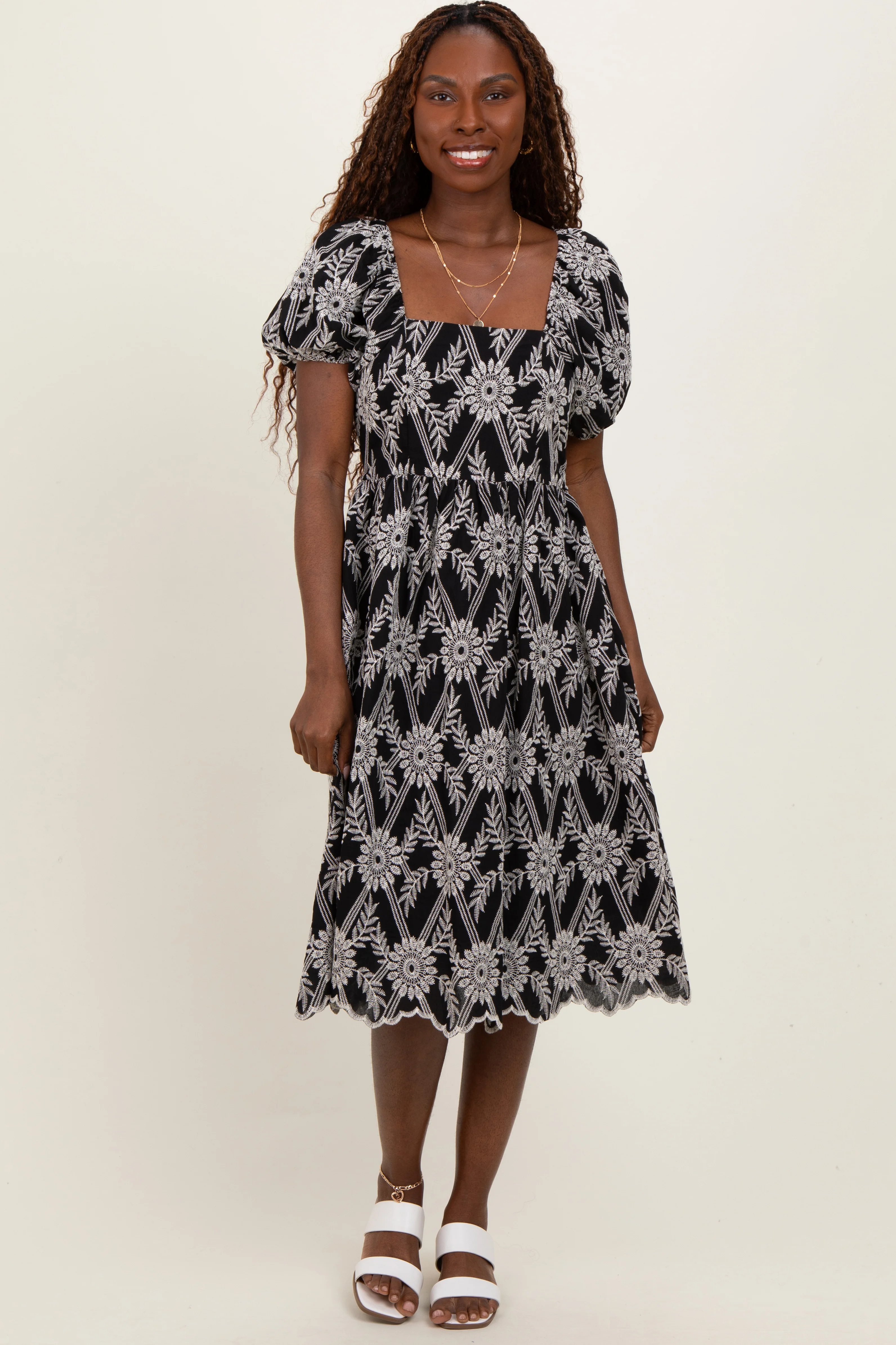 Black Floral Embroidered Square Neck Maternity Dress - Image 5